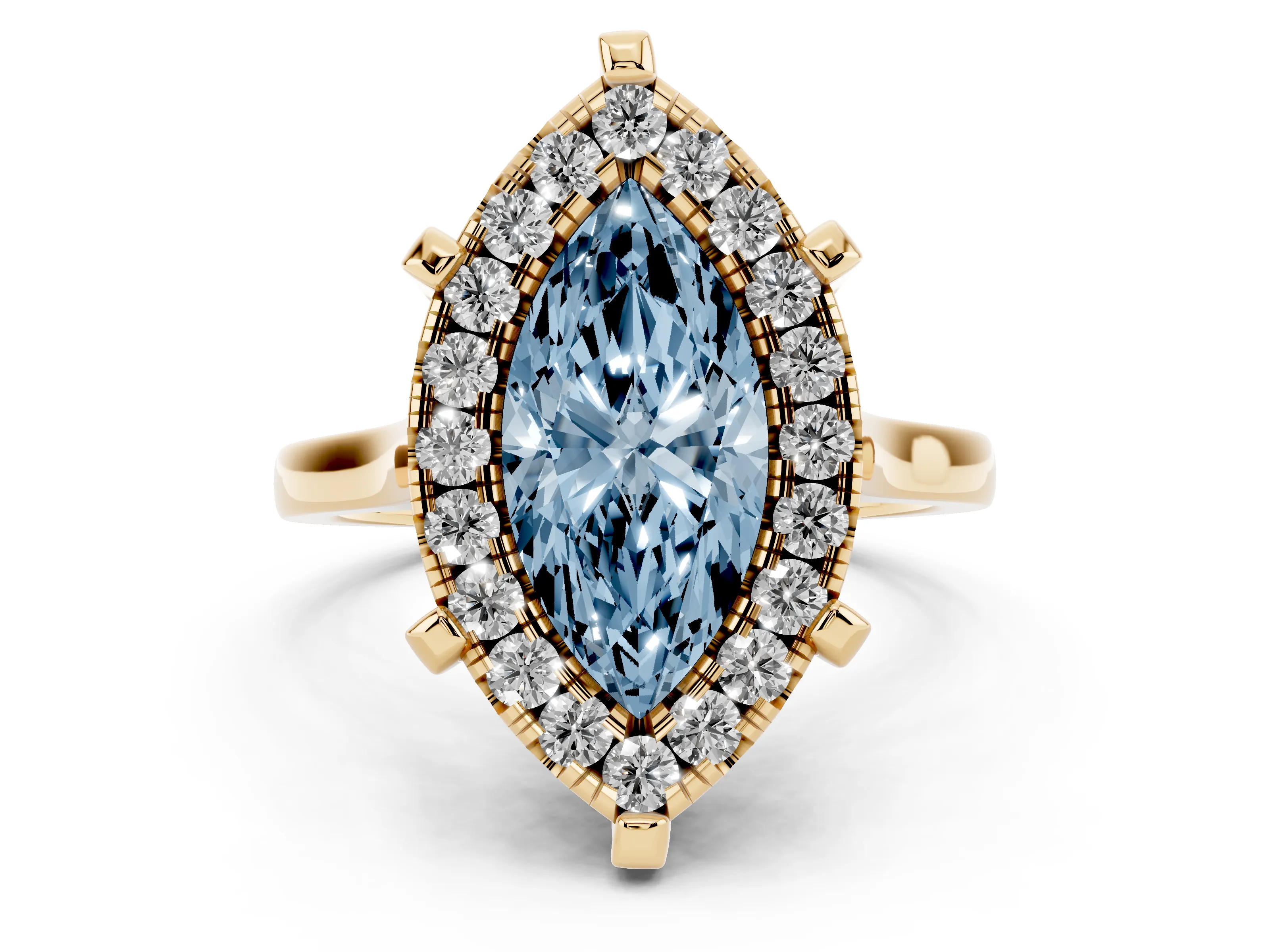 Fancy Blue Marquise Cut Diamond Cluster Halo Solitaire Ring Set in Yellow gold with Prong Setting
