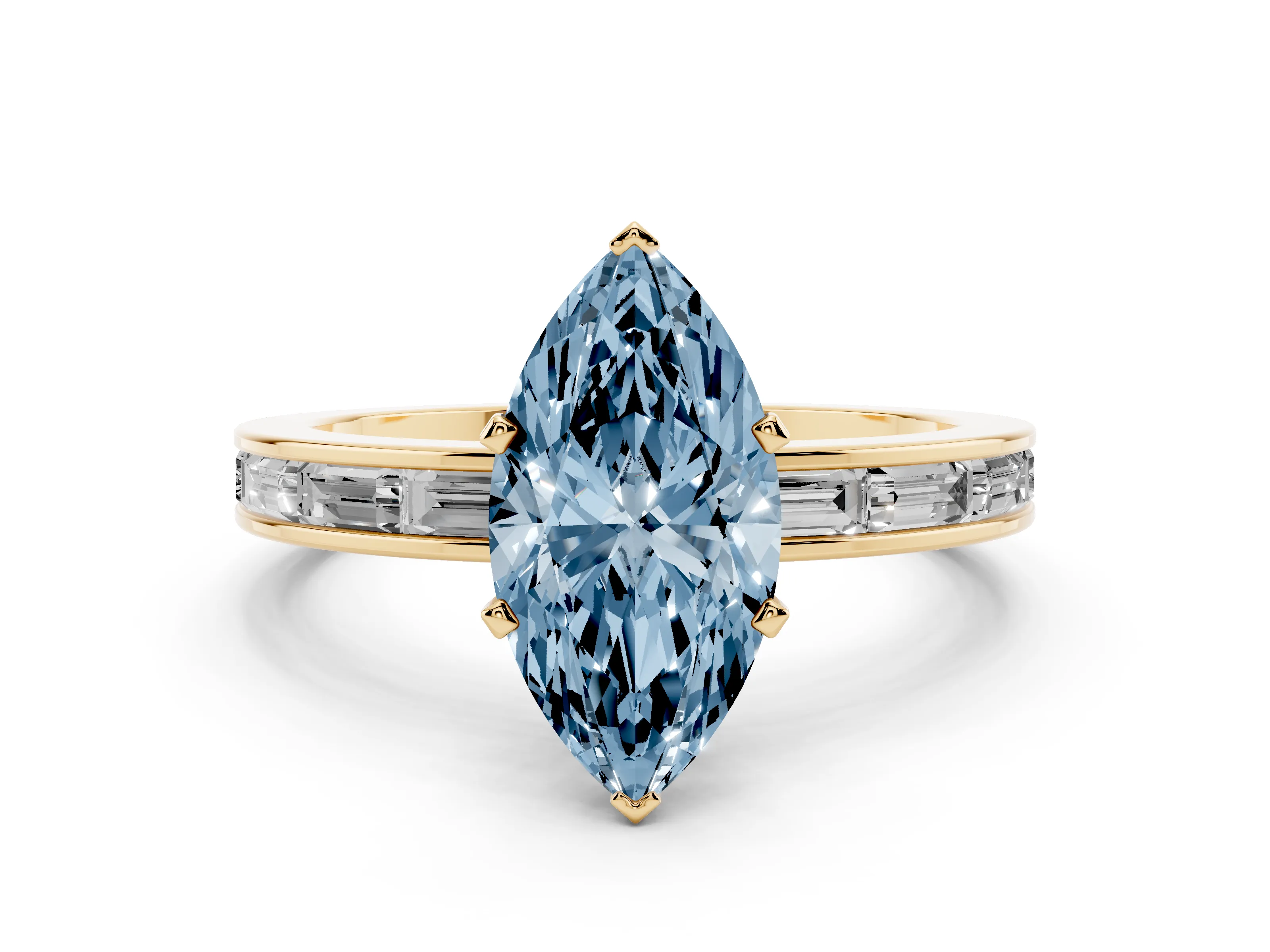 Fancy Blue Marquise Cut Diamond Solitaire Ring Set in Yellow gold with Channel-Set Baguette Band and Prong Setting