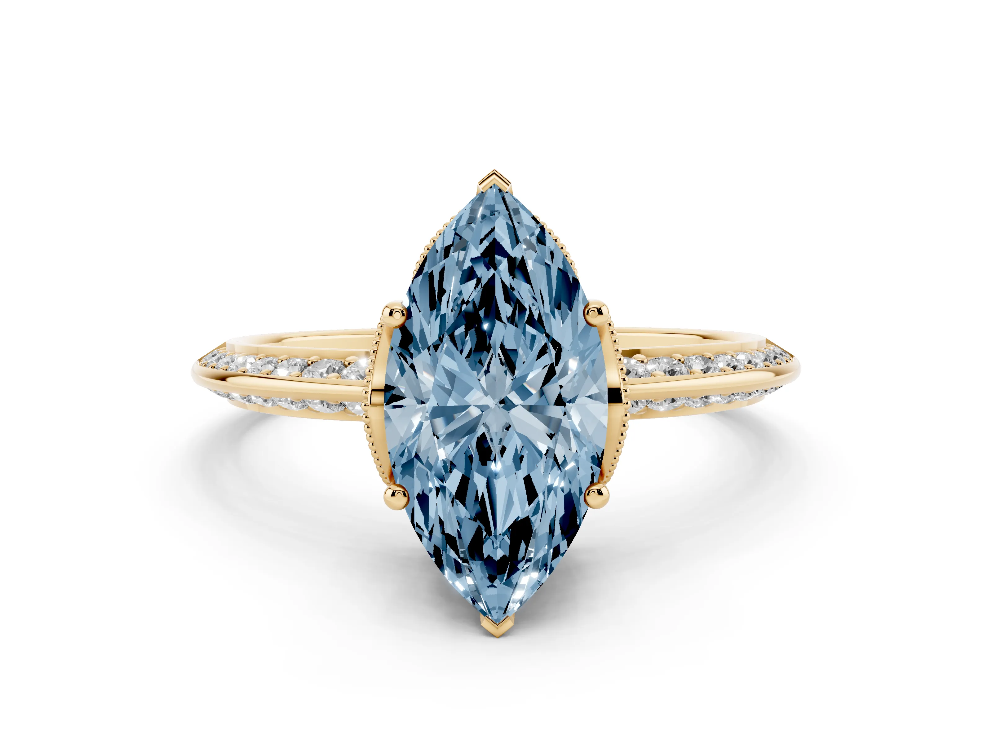 Fancy Blue Marquise Cut Diamond Solitaire Engagement Ring Set in Yellow gold with Pavé Split Shank and Prong Setting