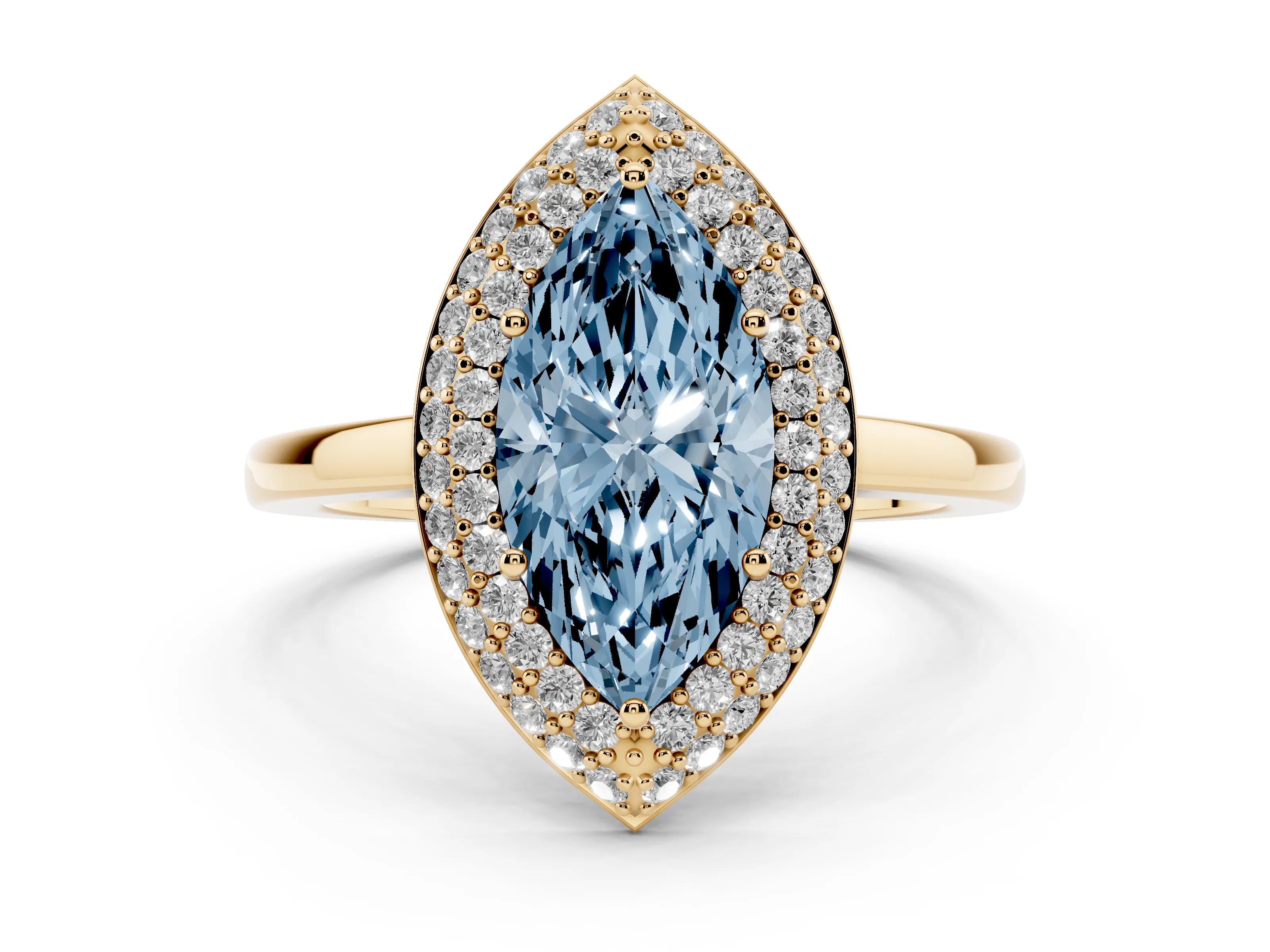 Fancy Blue Marquise Cut Diamond Halo Engagement Ring Set in Yellow gold with Solitaire Band and Prong Setting