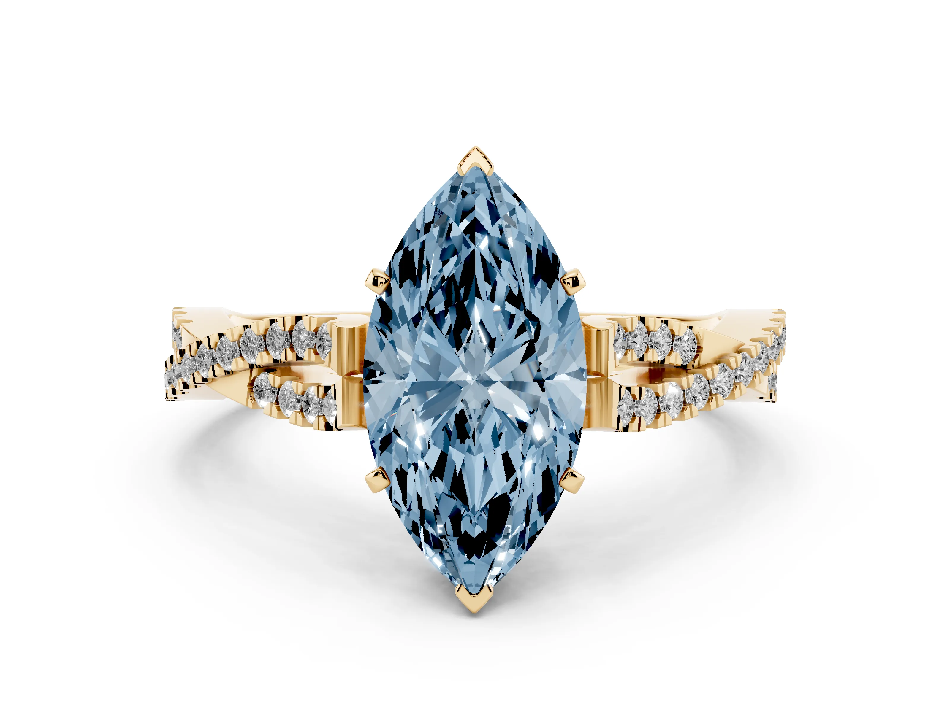 Fancy Blue Marquise Cut Diamond Solitaire Engagement Ring Set in Yellow gold with Twisted Pavé Band and Prong Setting