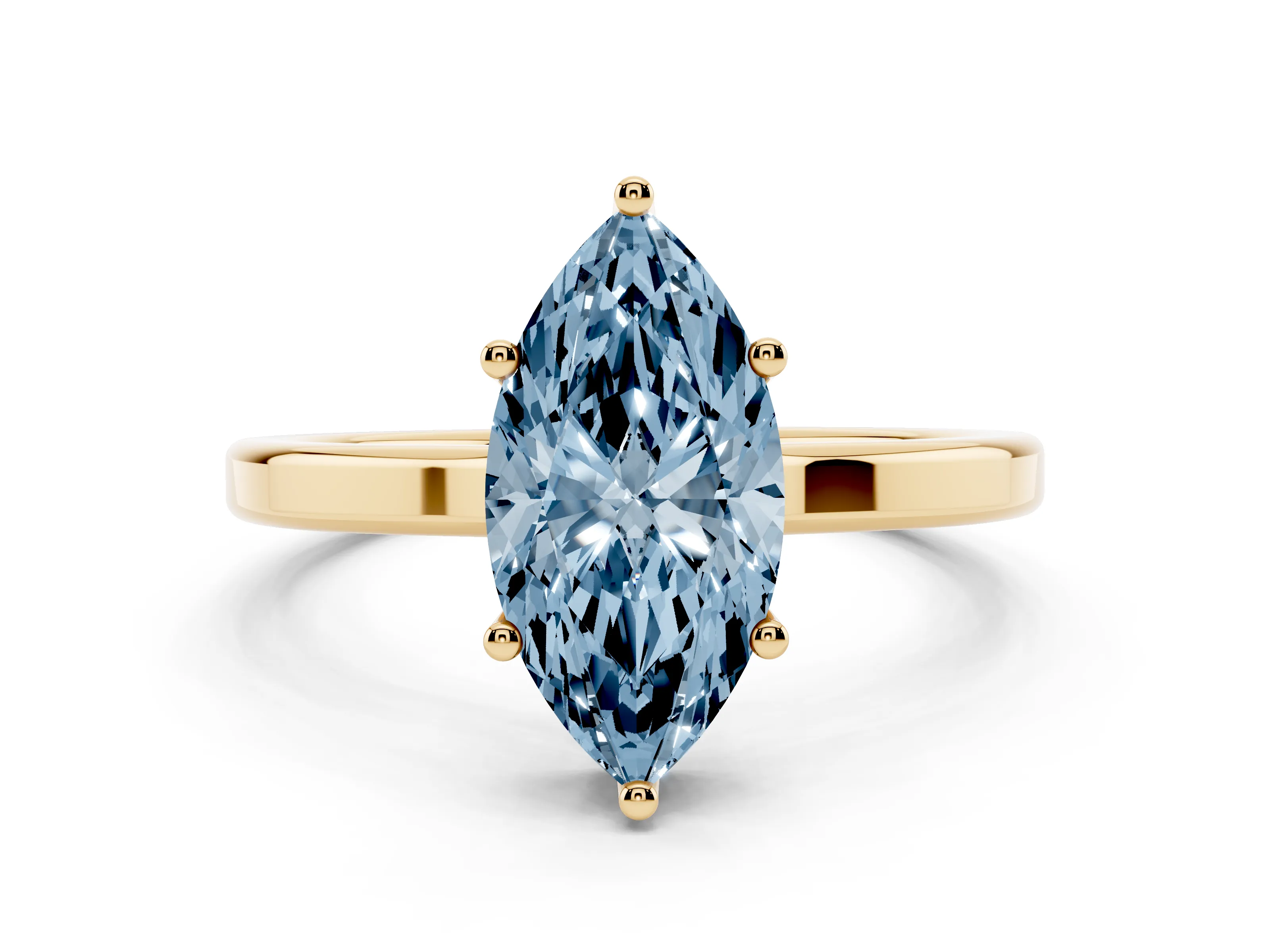 Fancy Blue Marquise Cut Diamond Solitaire Engagement Ring Set in Yellow gold with Prong Setting on a Plain Band