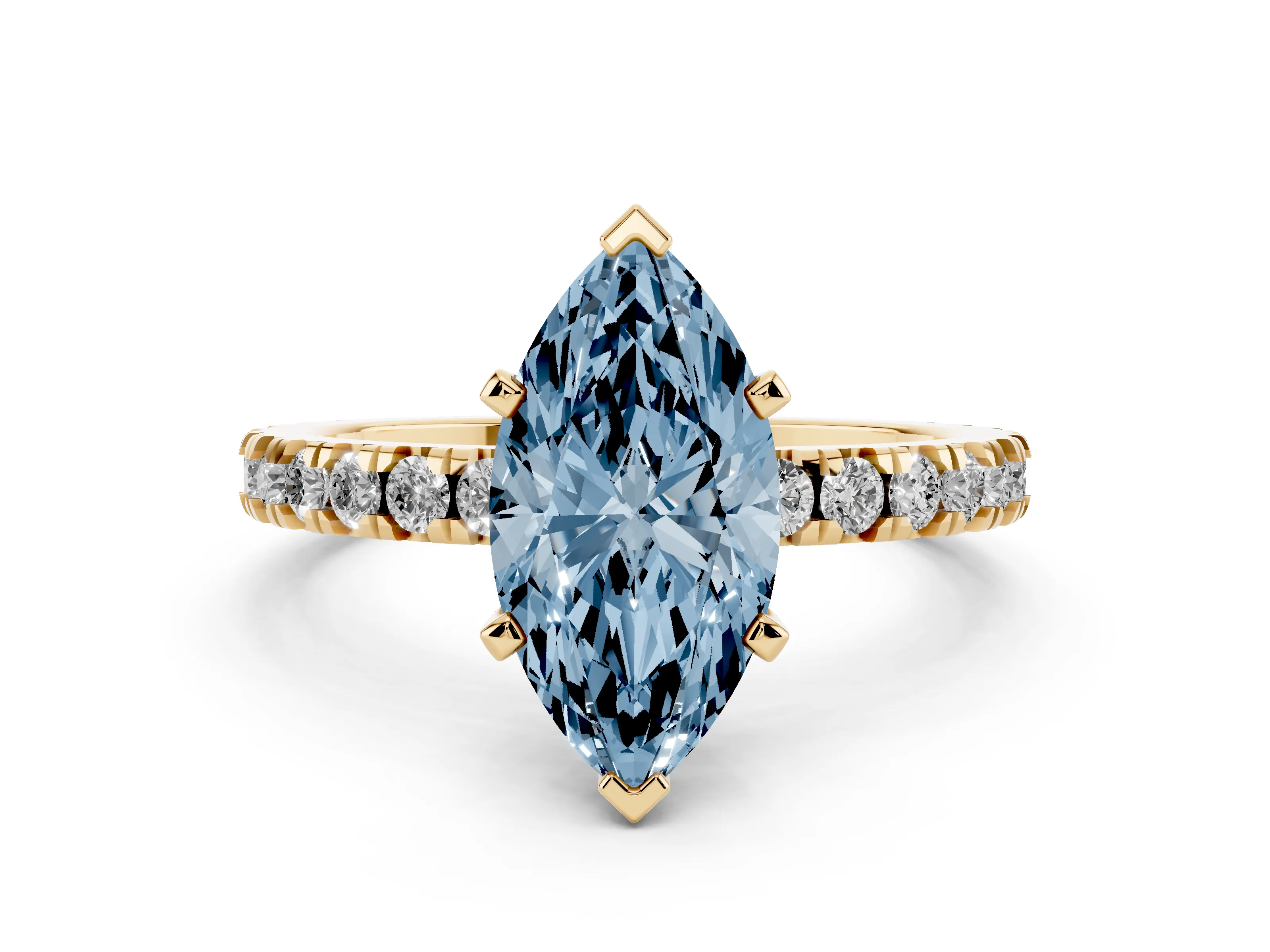 Fancy Blue Marquise Cut Diamond Pavé Band Solitaire Set in Yellow gold with Prong Setting