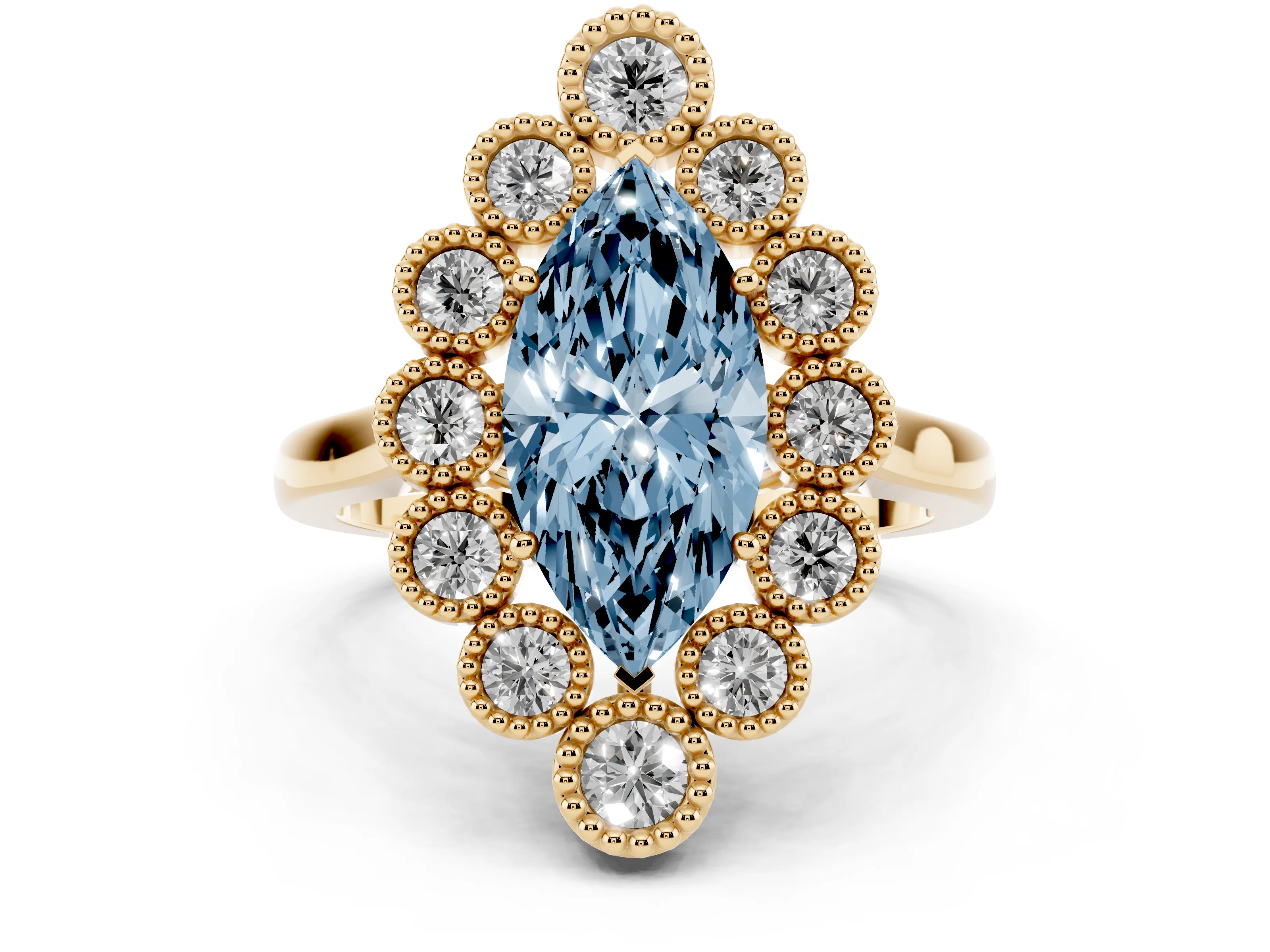 Fancy Blue Marquise Cut Diamond Cluster Halo Ring Set in Yellow gold with Milgrain Bezel Accents and Plain Band