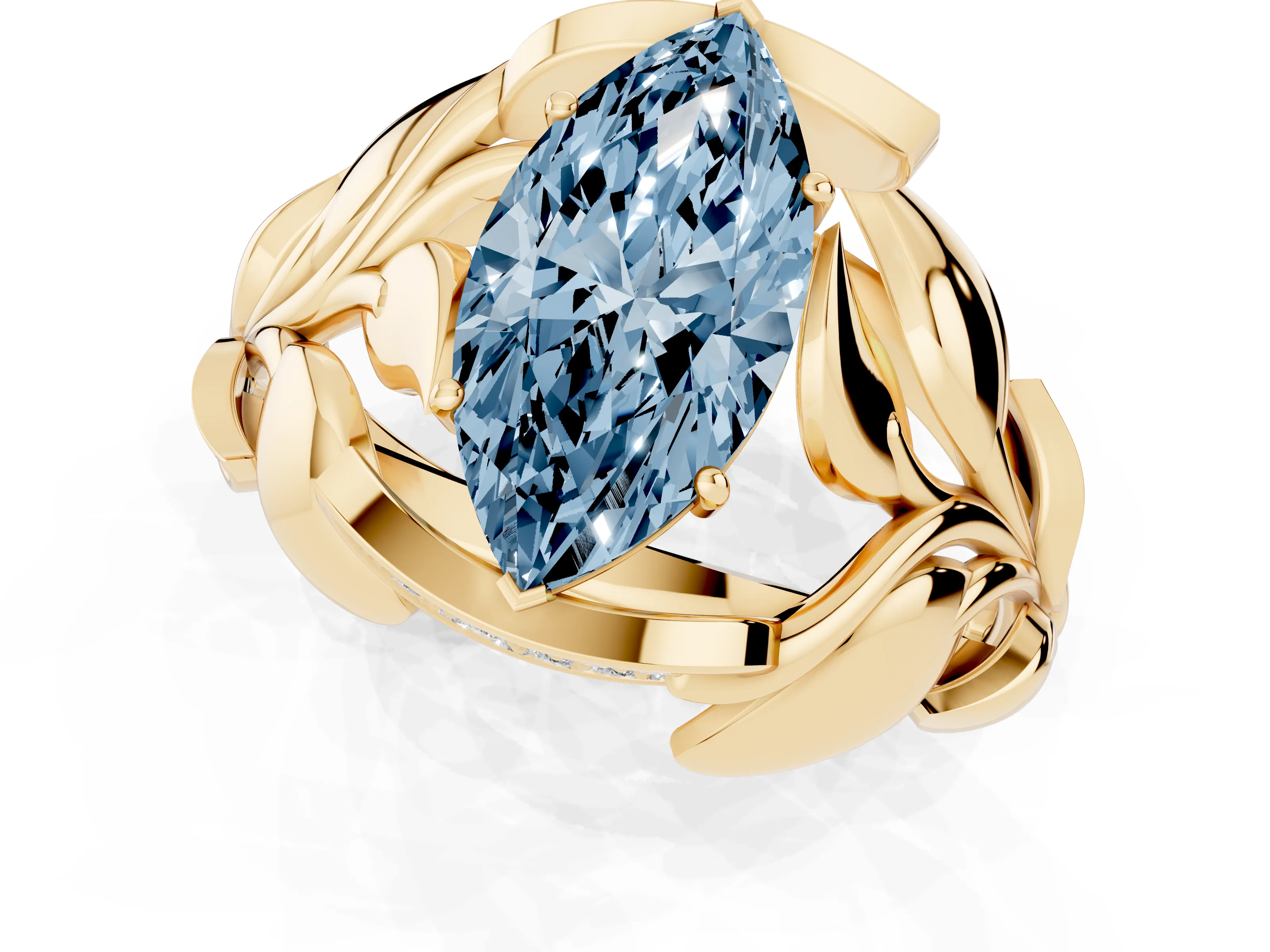 Fancy Blue Marquise Cut Diamond Leaf-Inspired Engagement Ring Set in Yellow gold with Round Accents