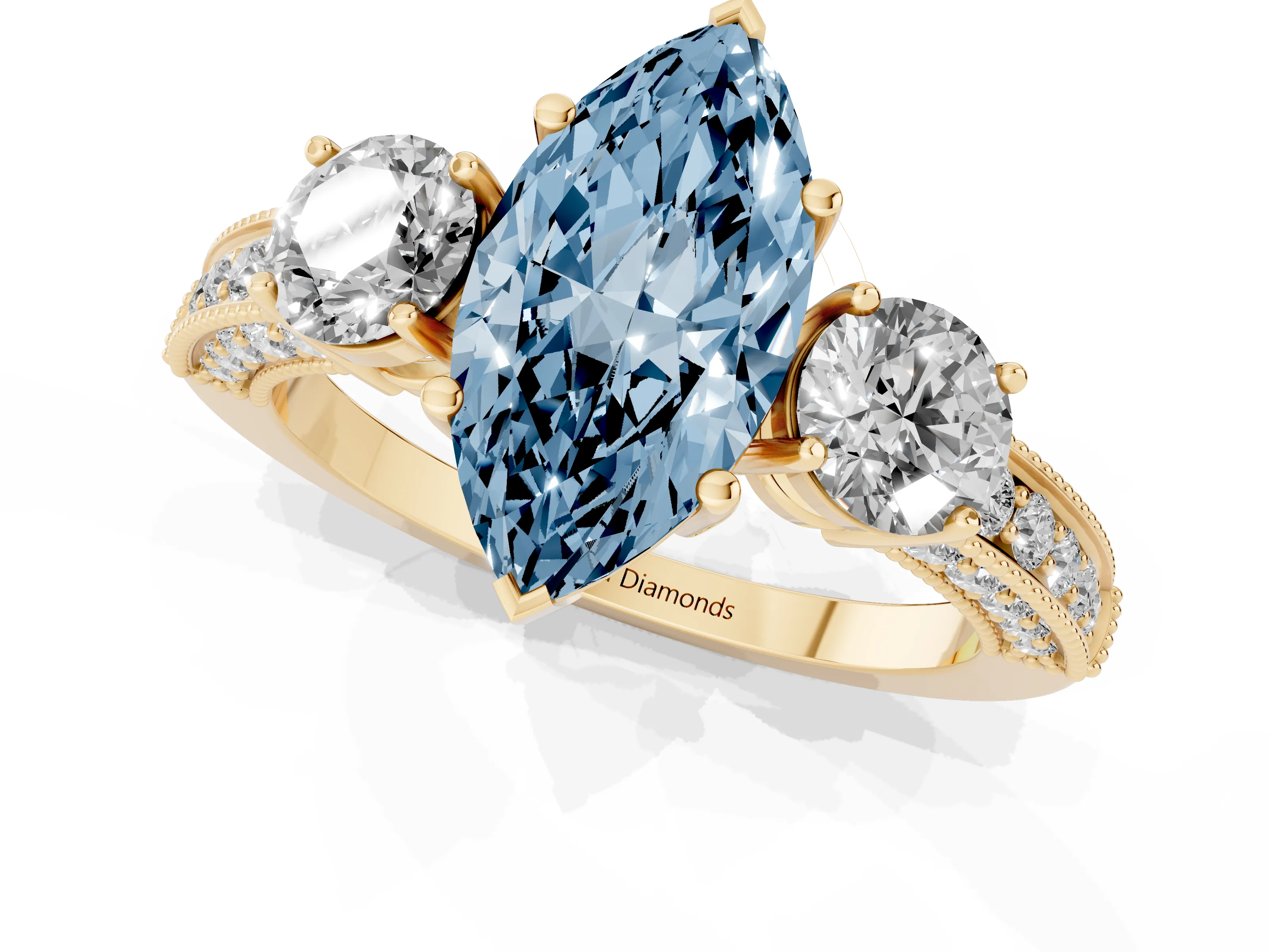 Fancy Blue Marquise Cut Diamond Three-Stone Ring Set in Yellow gold with Round Side Stones and Pavé Band