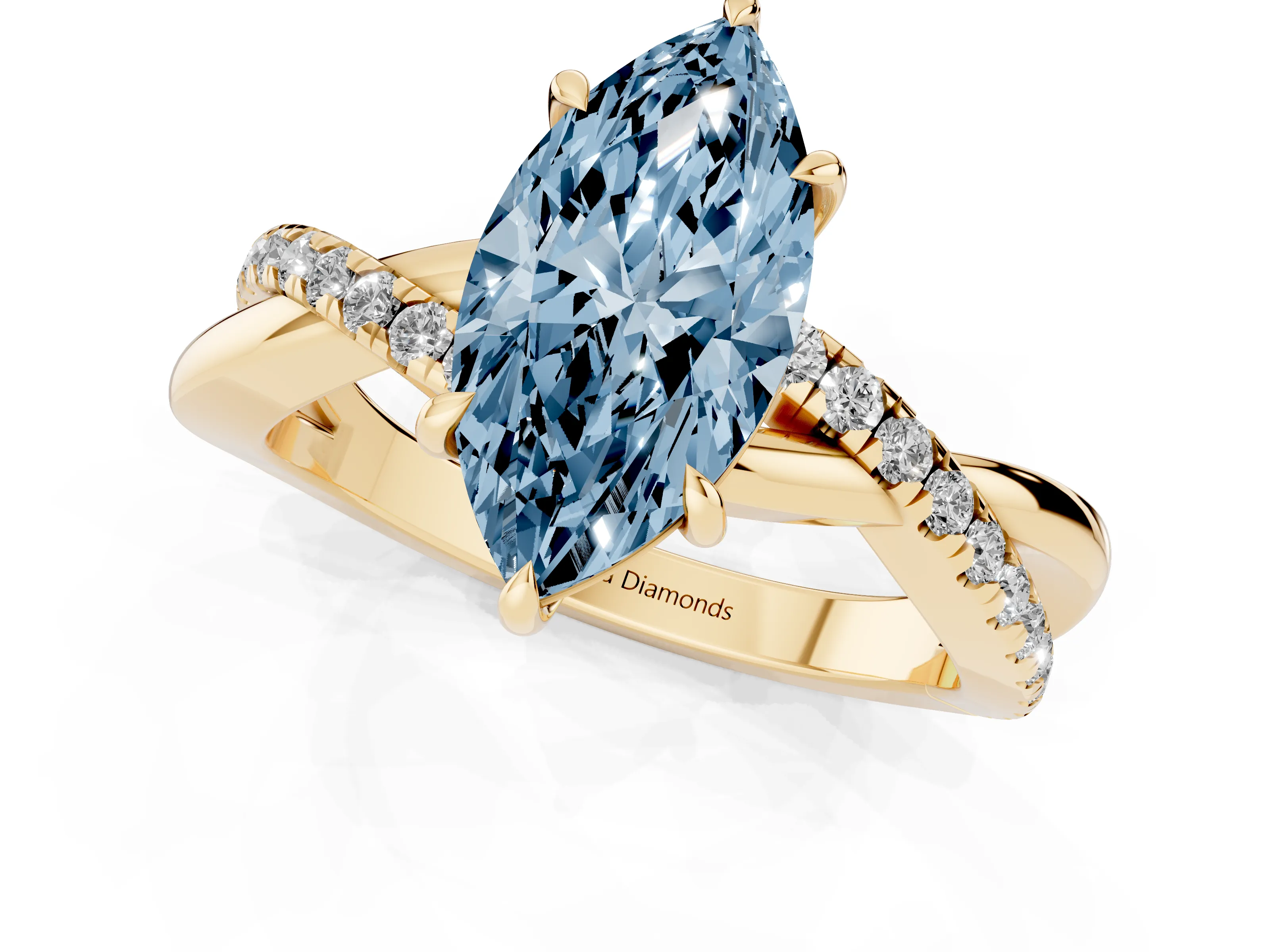 Fancy Blue Marquise Cut Diamond Twisted Pavé Band Ring Set in Yellow gold with Prong Setting