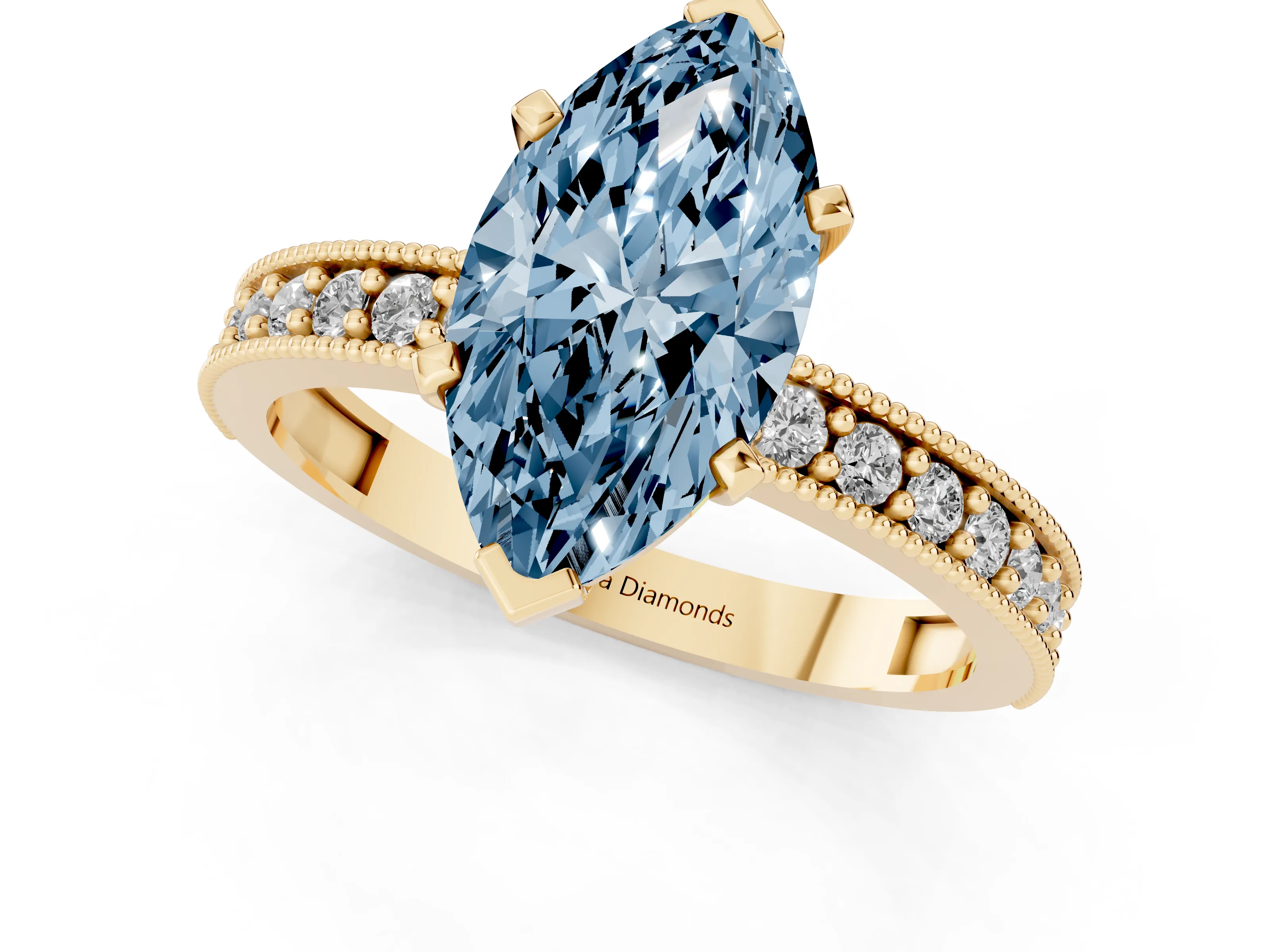 Fancy Blue Marquise Cut Diamond Milgrain Pavé Engagement Ring Set in Yellow gold with Prong Setting