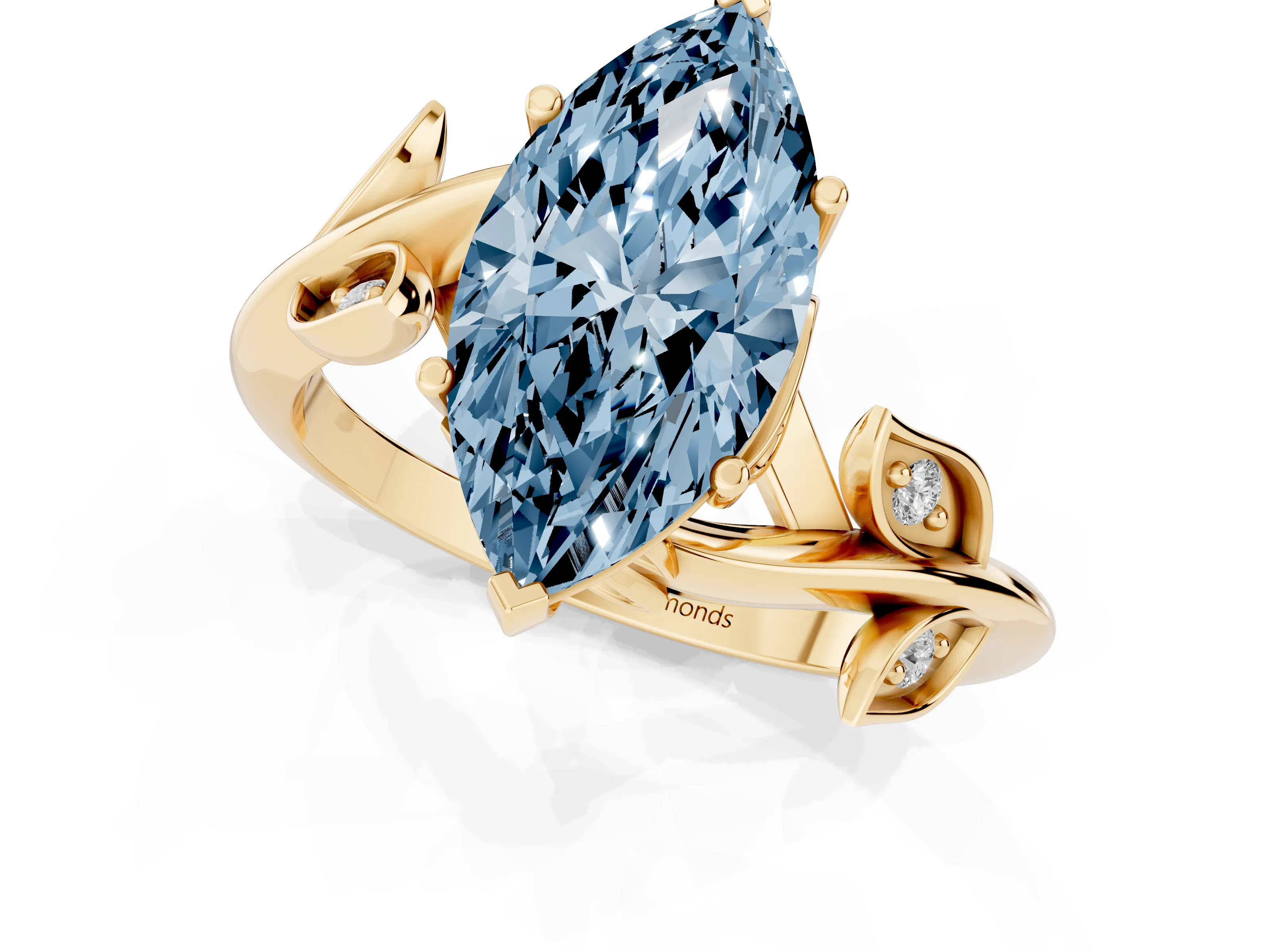 Fancy Blue Marquise Cut Diamond Solitaire Twist Engagement Ring Set in Yellow gold with Pavé Leaf Accents