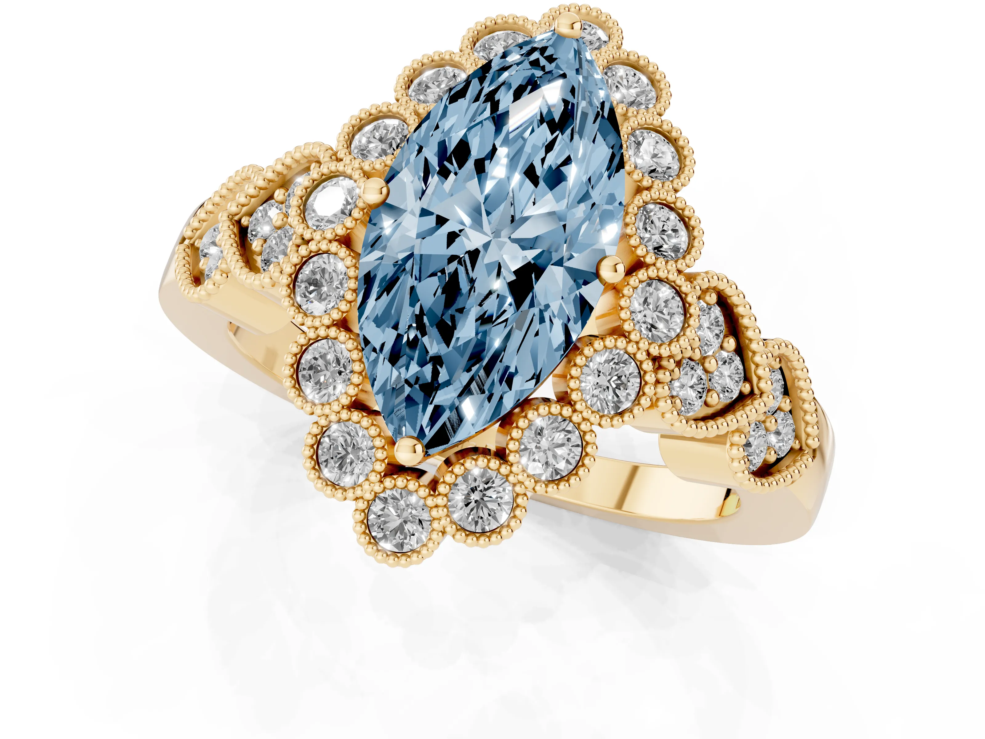 Fancy Blue Marquise Cut Diamond Solitaire Ring Set in Yellow gold with Milgrain Pavé Heart Band
