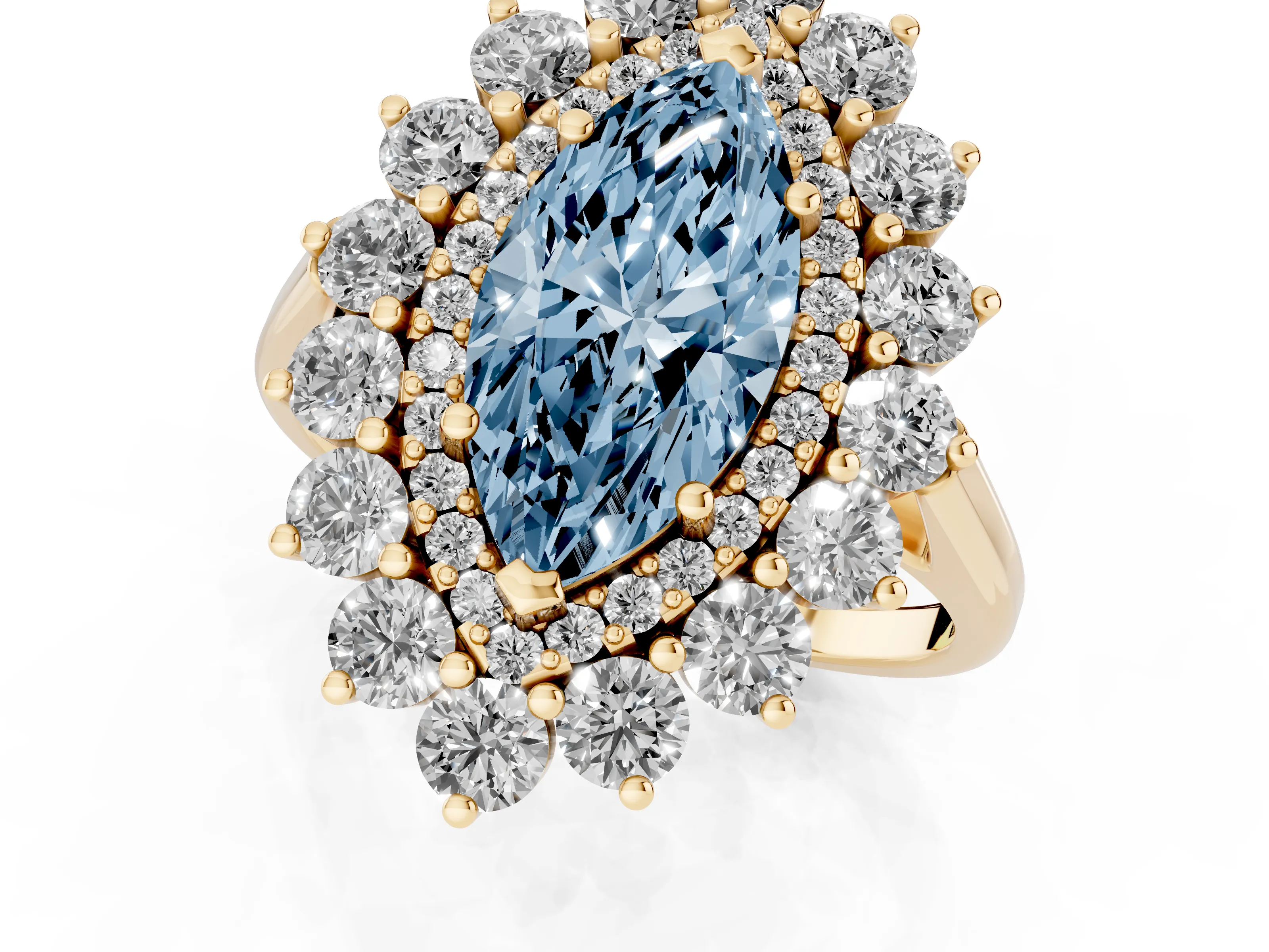 Fancy Blue Marquise Cut Diamond Floral Double Halo Ring Set in Yellow gold with Round Petals