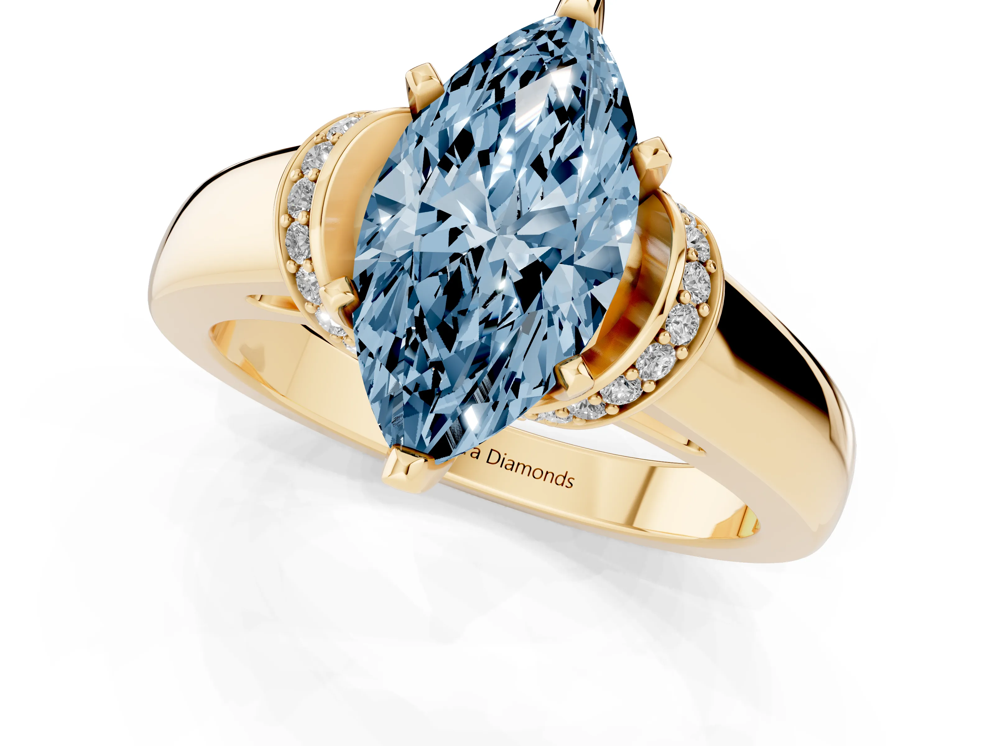 Fancy Blue Marquise Cut Diamond Pavé Band Solitaire Ring Set in Yellow gold with Prong Setting