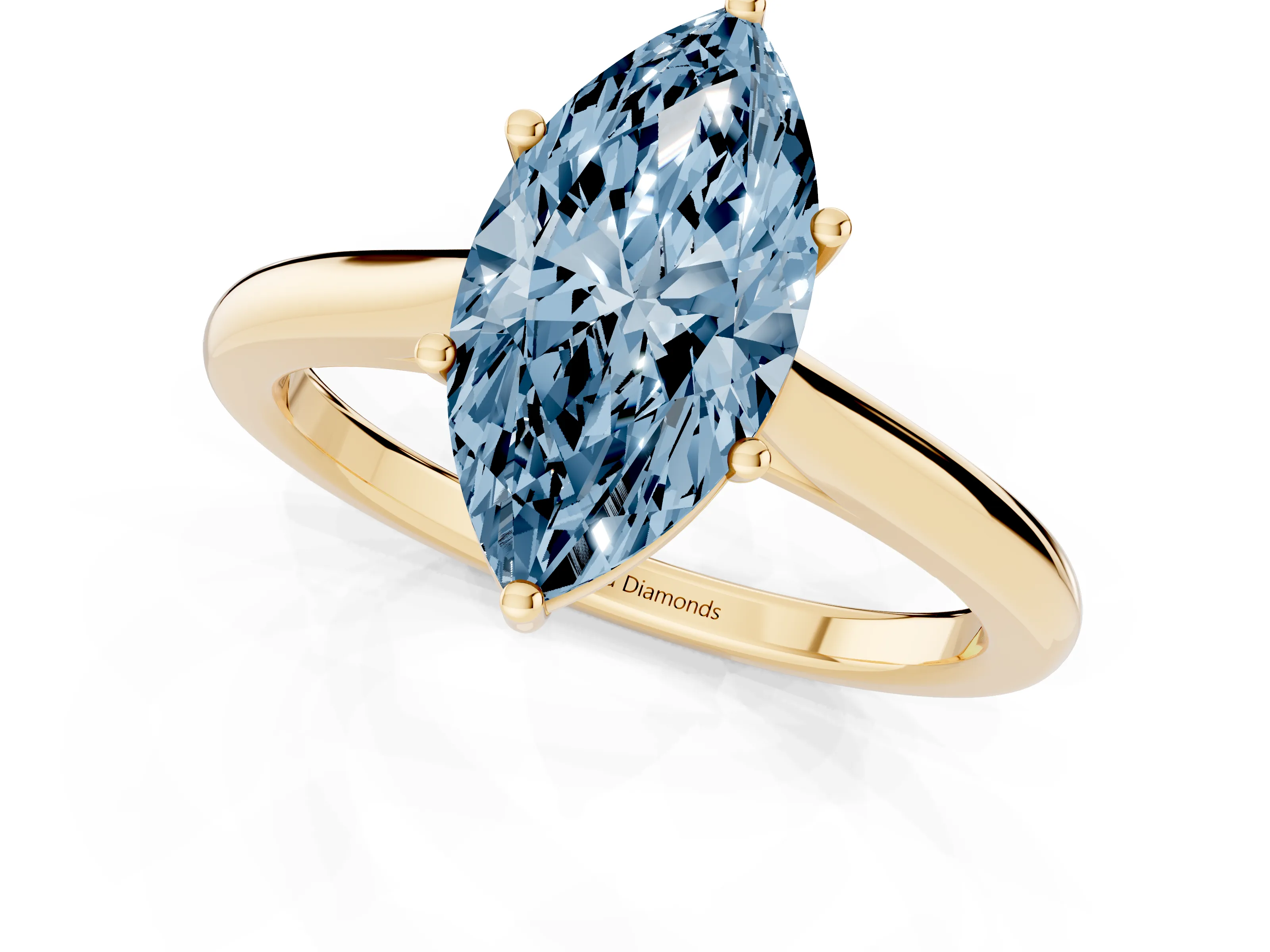 Fancy Blue Marquise Cut Diamond Solitaire Ring Set in Yellow gold with Cathedral Band and Prong Setting