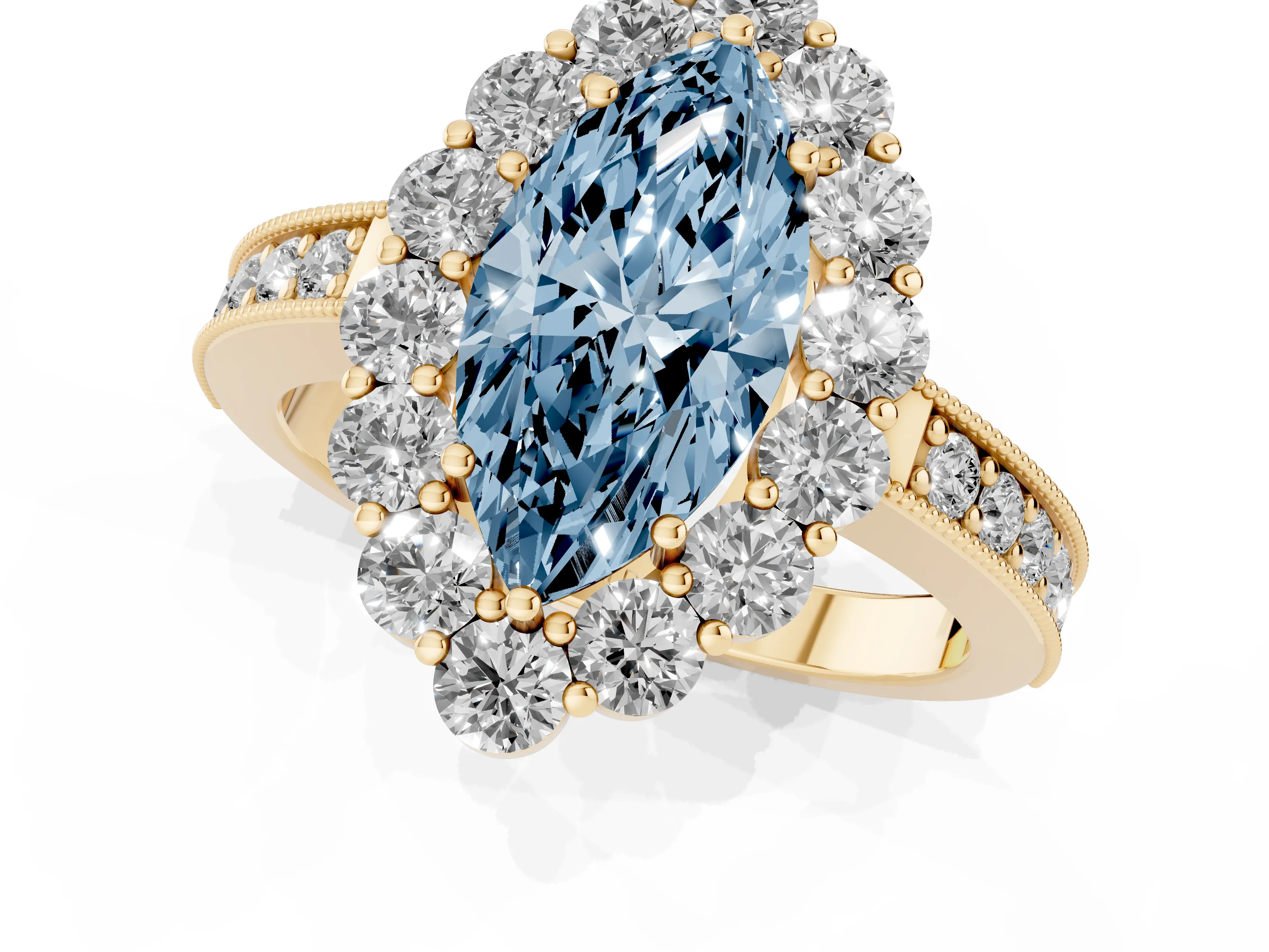 Fancy Blue Marquise Cut Diamond Halo Pavé Engagement Ring Set in Yellow gold with Milgrain Detailing