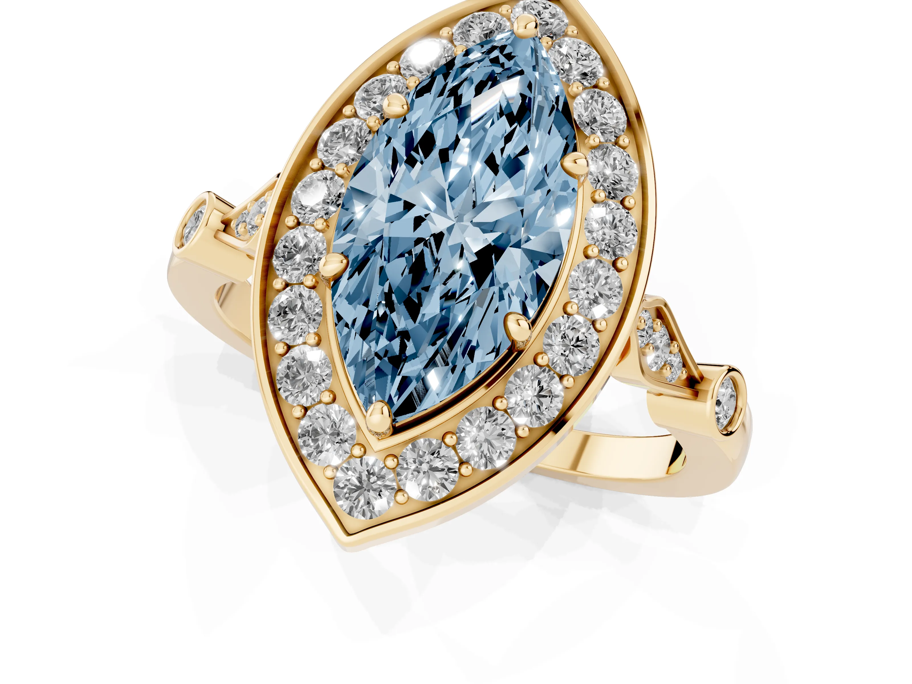 Fancy Blue Marquise Cut Diamond Halo Engagement Ring Set in Yellow gold with Twisted Band and Prong Setting