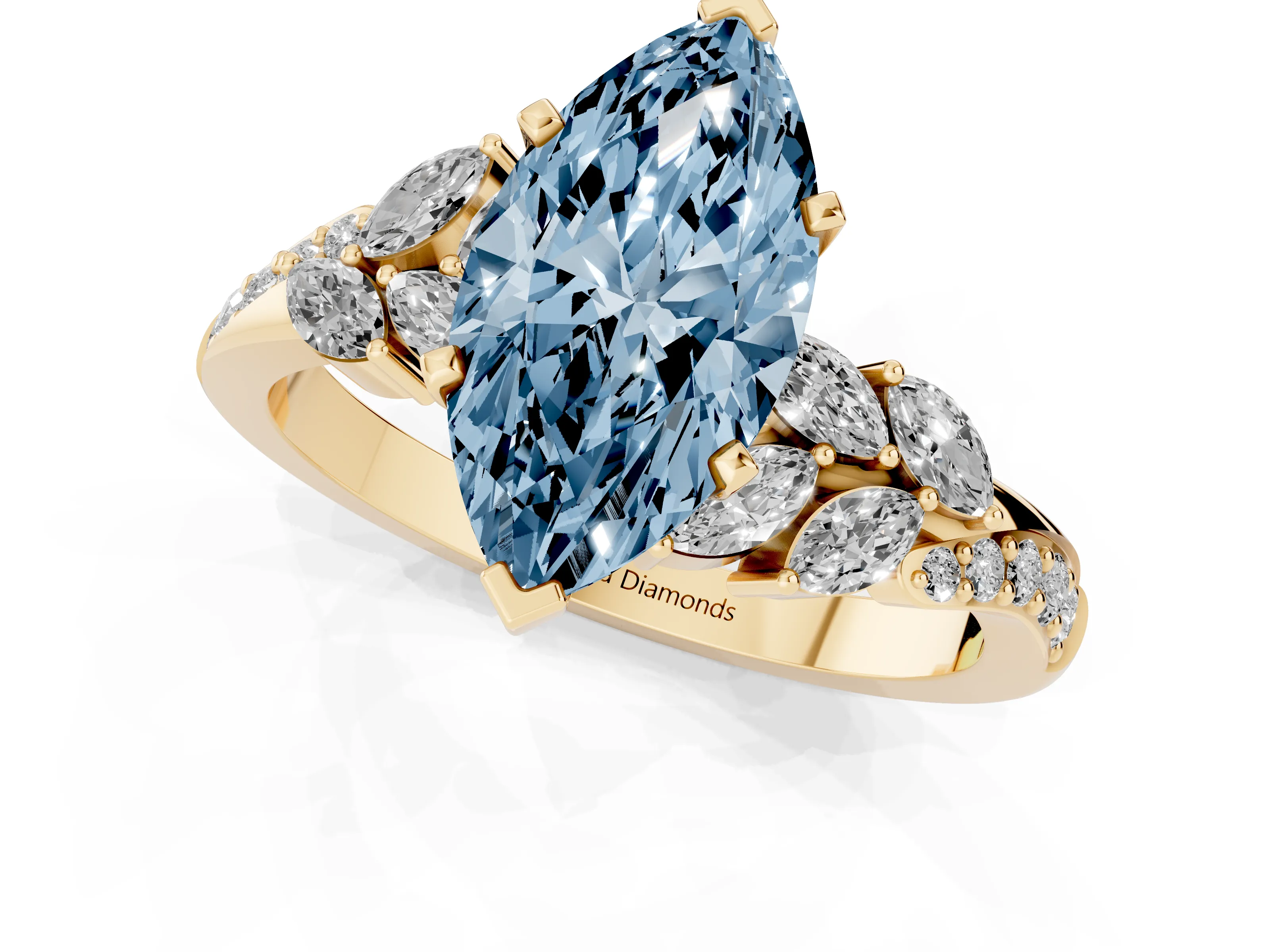 Fancy Blue Marquise Cut Diamond Solitaire Ring Set in Yellow gold with Marquise Twist Band and Prong Setting