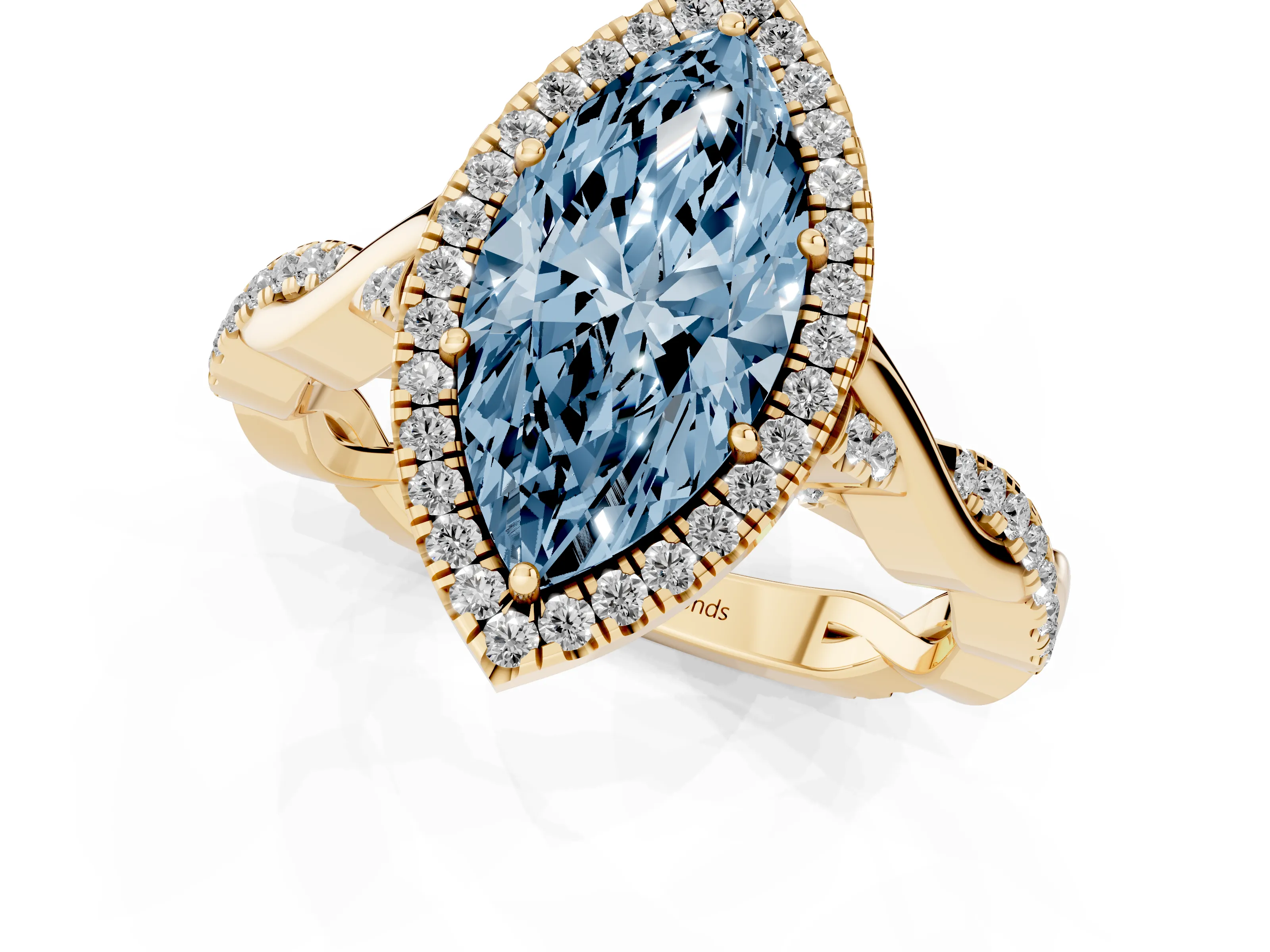 Fancy Blue Marquise Cut Diamond Halo Twist Band Solitaire Ring Set in Yellow gold with Prong Setting