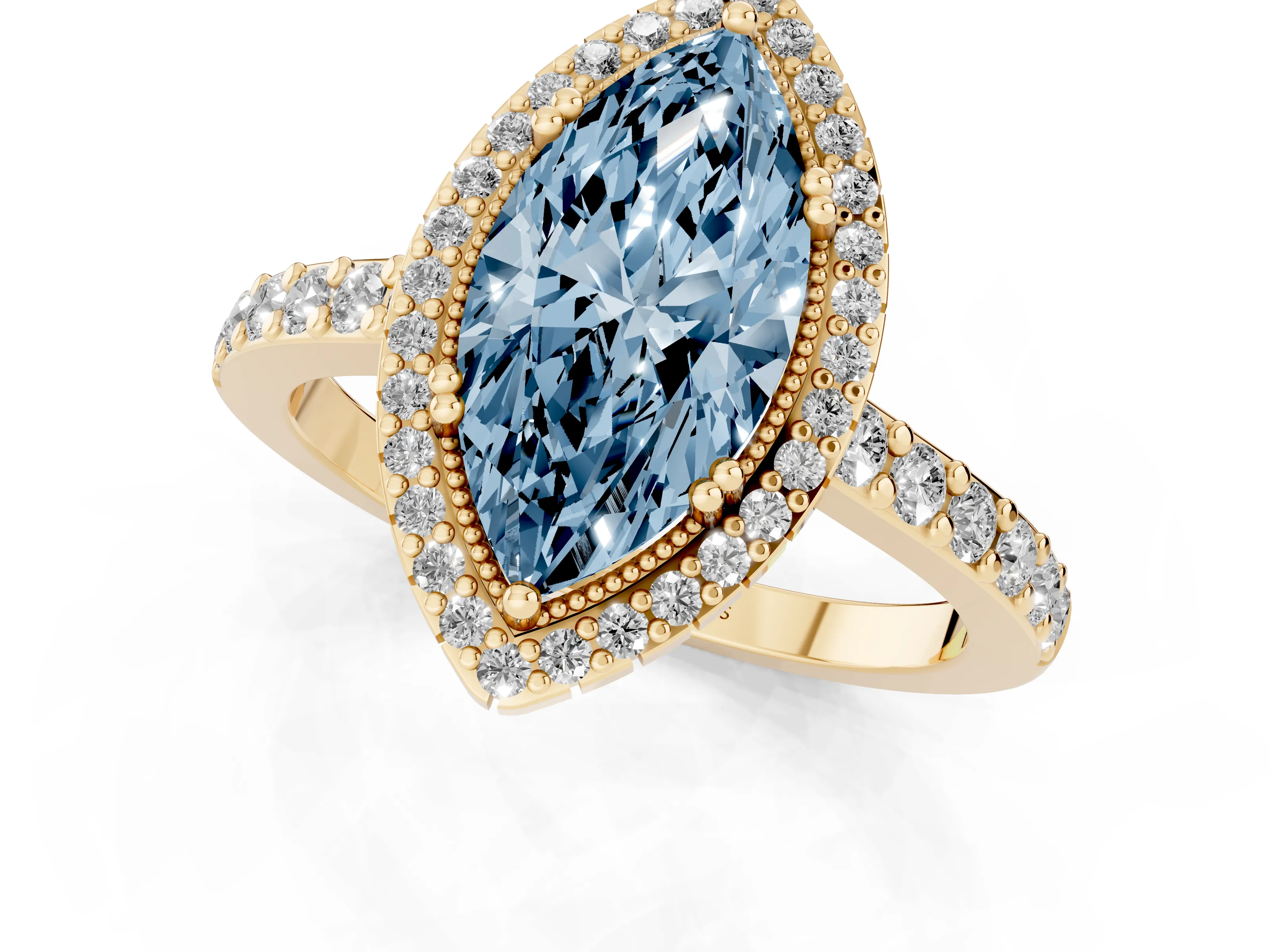 Fancy Blue Marquise Cut Diamond Halo Engagement Ring Set in Yellow gold with Milgrain Detail and Pavé Band