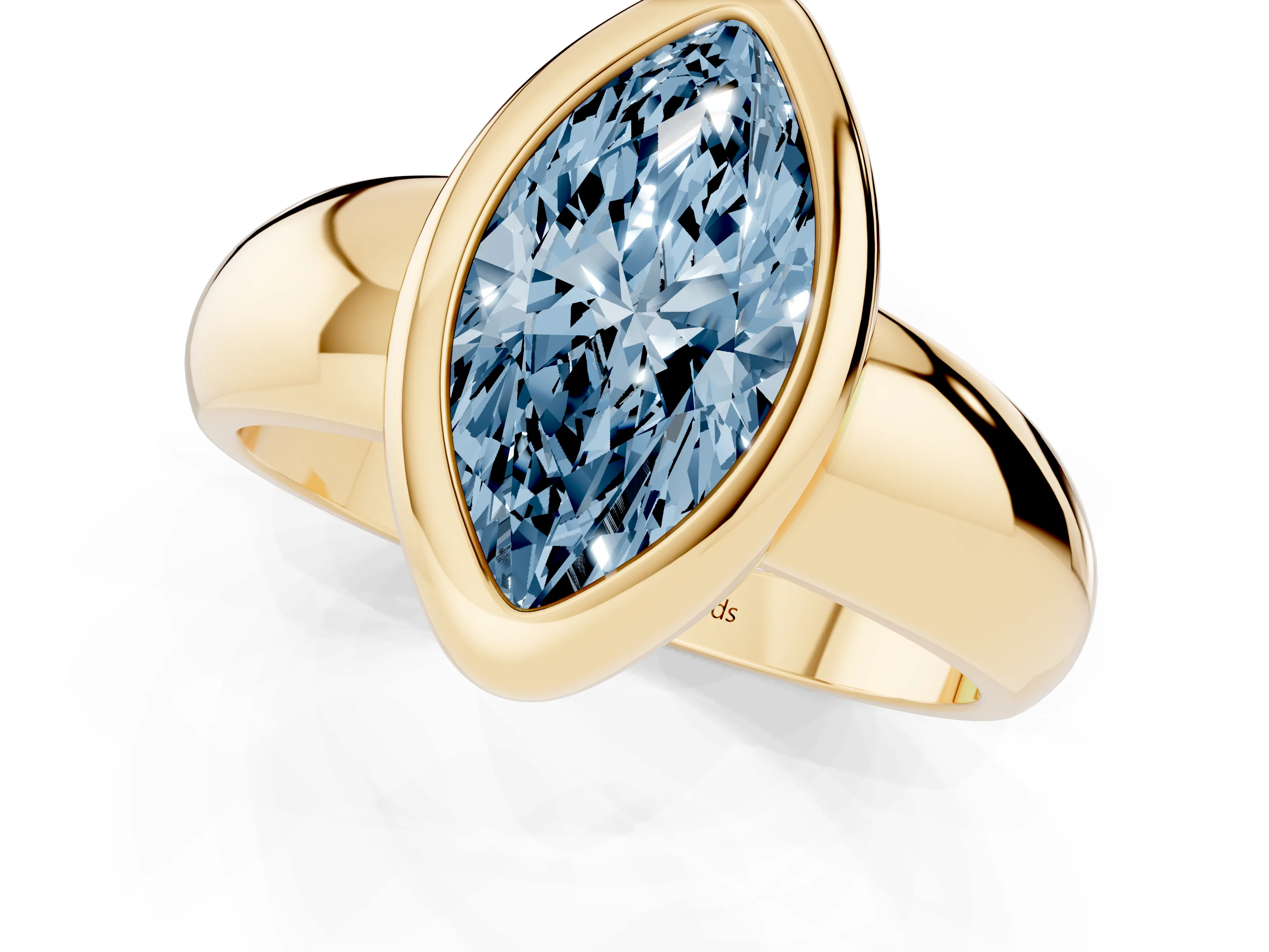 Fancy Blue Bezel Set Marquise Cut Diamond Solitaire Ring Set in Yellow gold with Wide Band