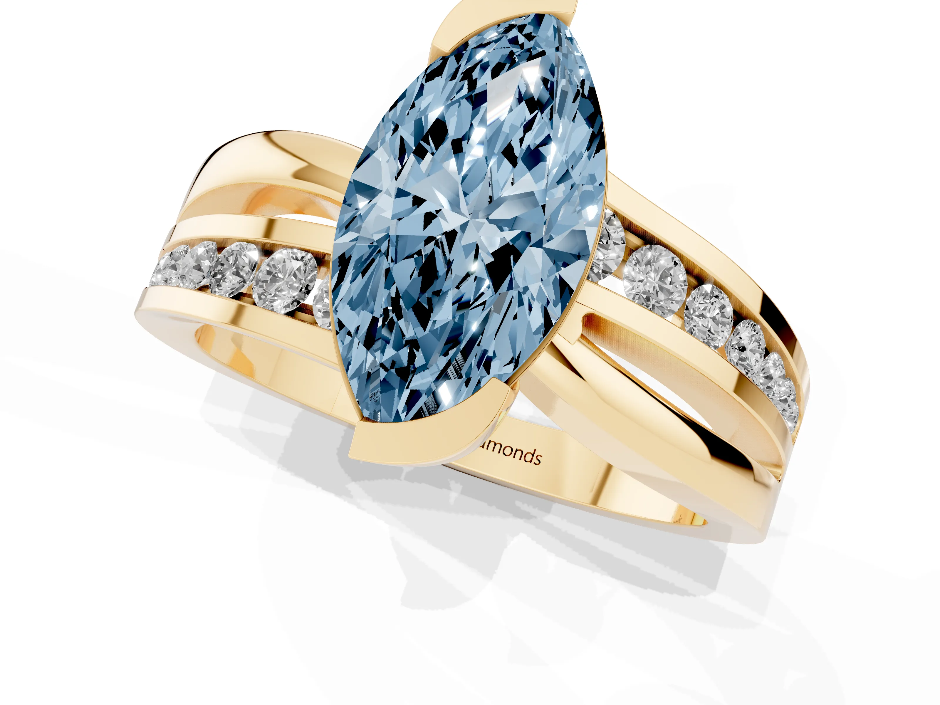 Fancy Blue Marquise Cut Diamond Solitaire Ring Set in Yellow gold with Channel Set Split Shank and Tension Prongs