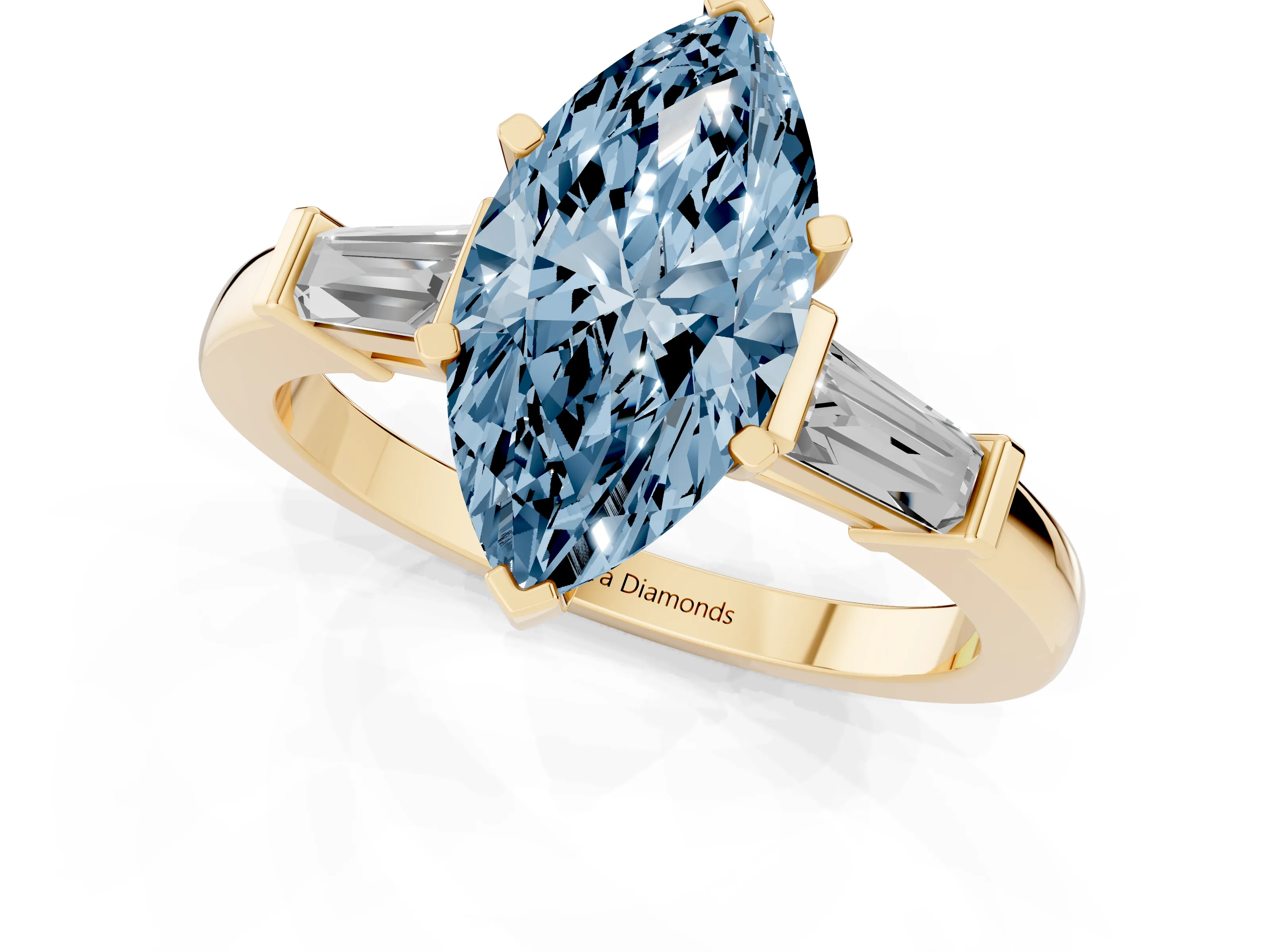 Fancy Blue Marquise Cut Diamond Solitaire Ring Set in Yellow gold with Tapered Baguette Accents and Prong Setting