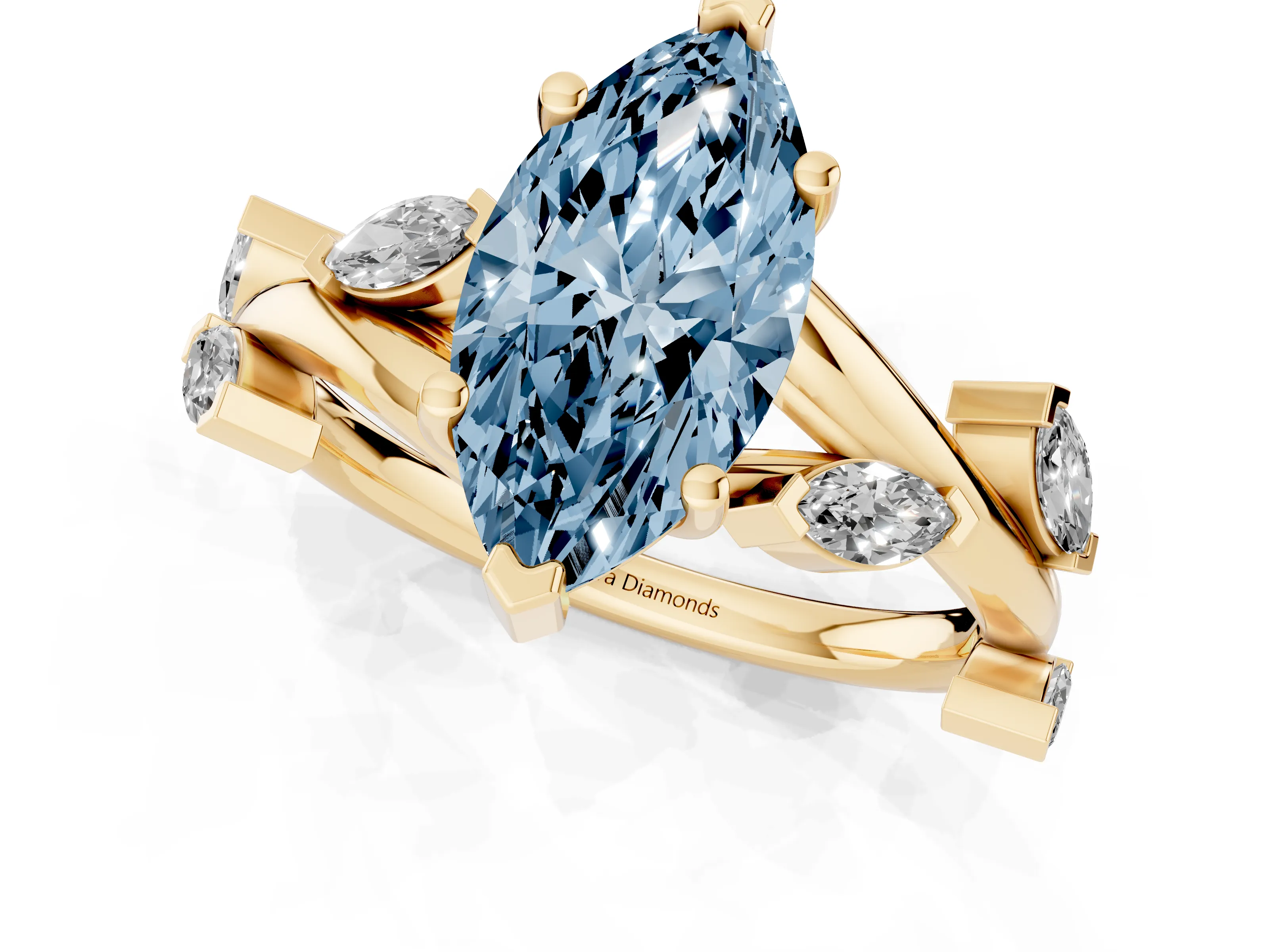 Fancy Blue Marquise Cut Diamond Solitaire Ring Set in Yellow gold with Twisted Marquise Accent Band