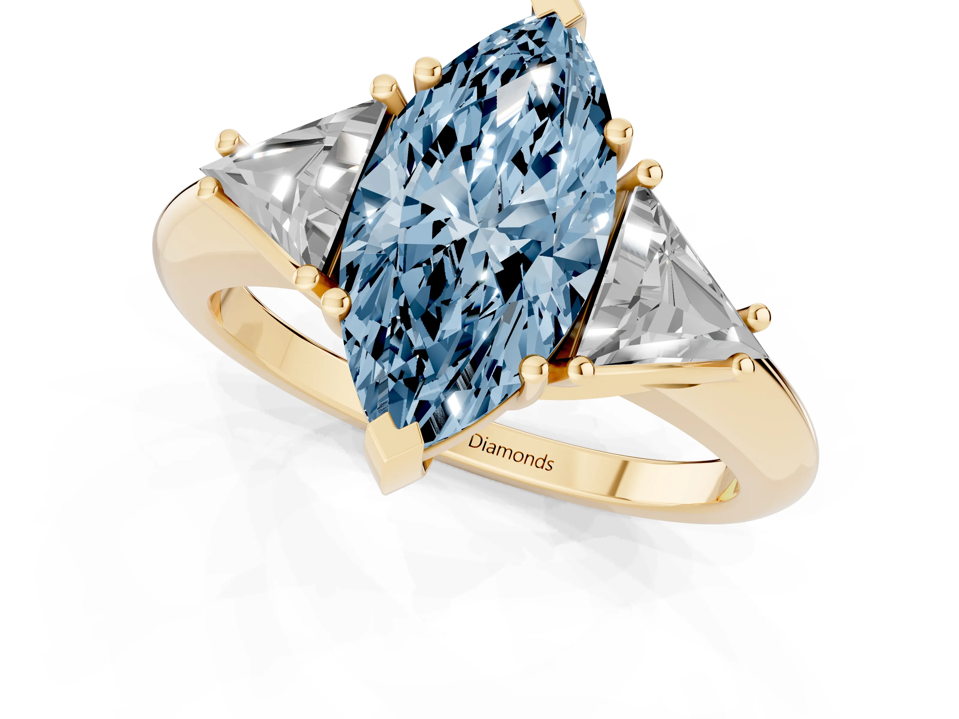 Fancy Blue Marquise Cut Diamond Three-Stone Engagement Ring Set in Yellow gold with Trillion Side Stones