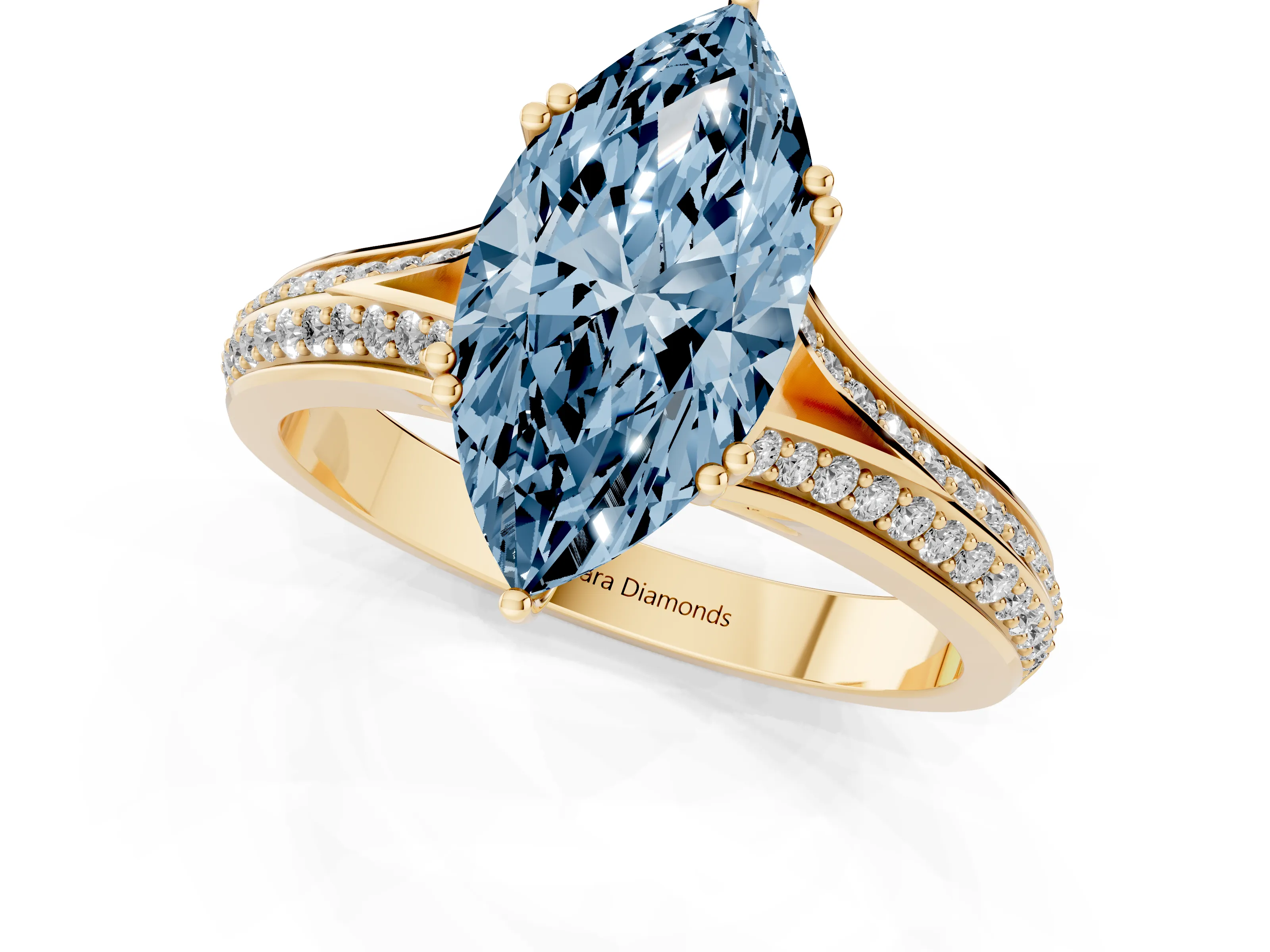 Fancy Blue Marquise Cut Diamond Split Shank Pavé Engagement Ring Set in Yellow gold with Prong-Set Center Stone