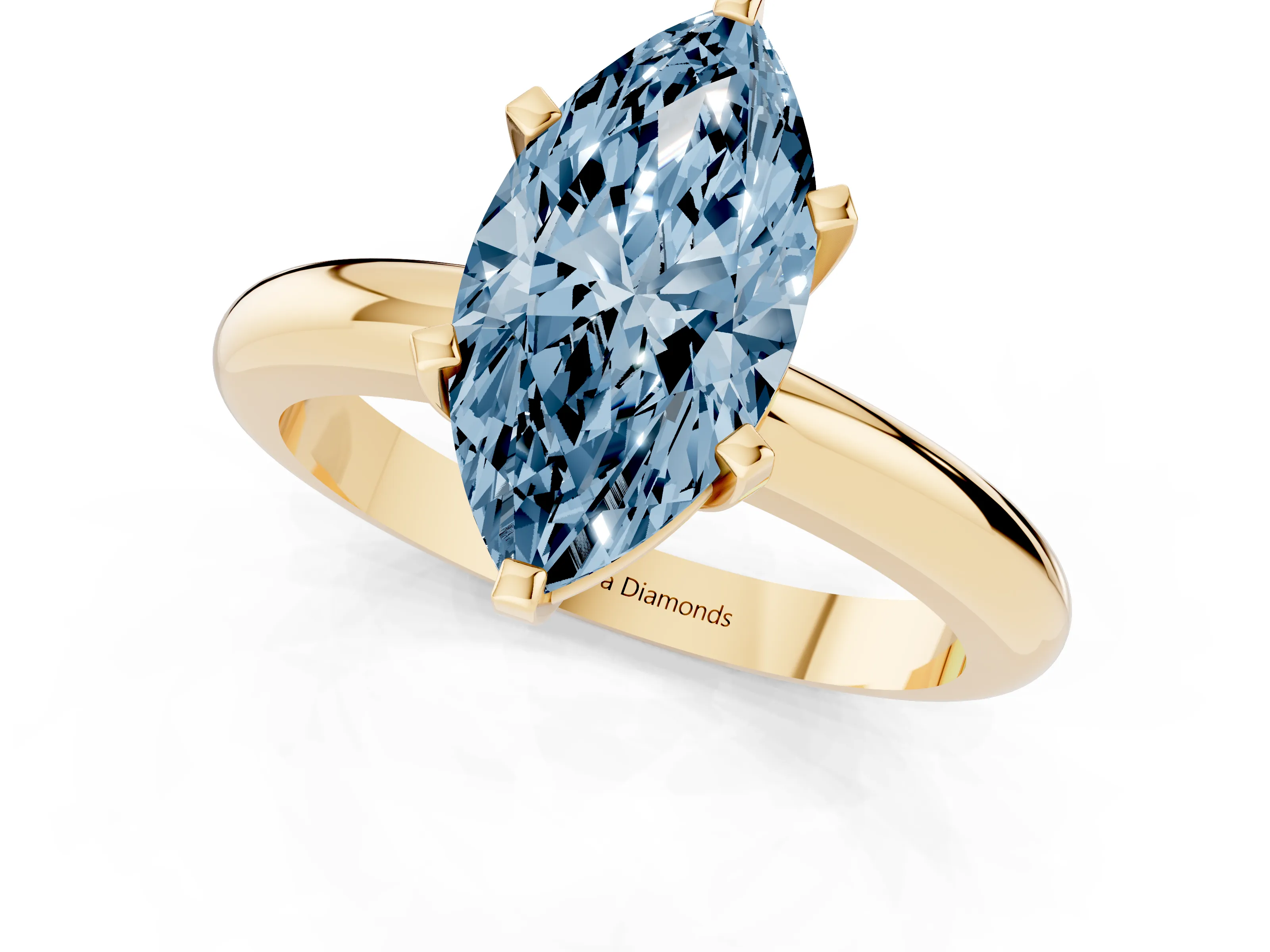 Fancy Blue Marquise Cut Diamond Solitaire Engagement Ring Set in Yellow gold with Round Band and Prong Setting