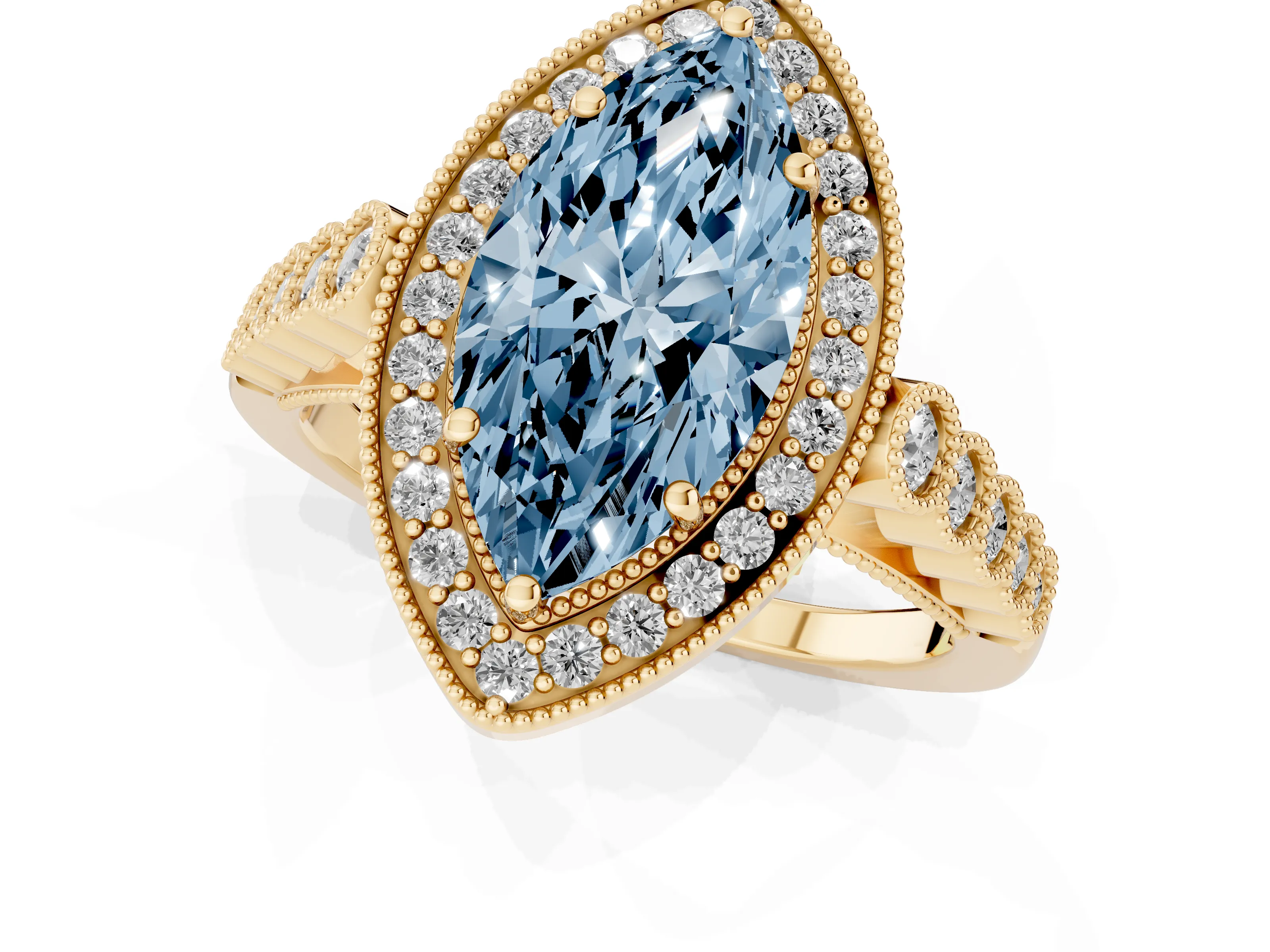 Fancy Blue Marquise Cut Diamond Milgrain Halo Solitaire Ring Set in Yellow gold with Bezel Set Side Stones and Pavé Band