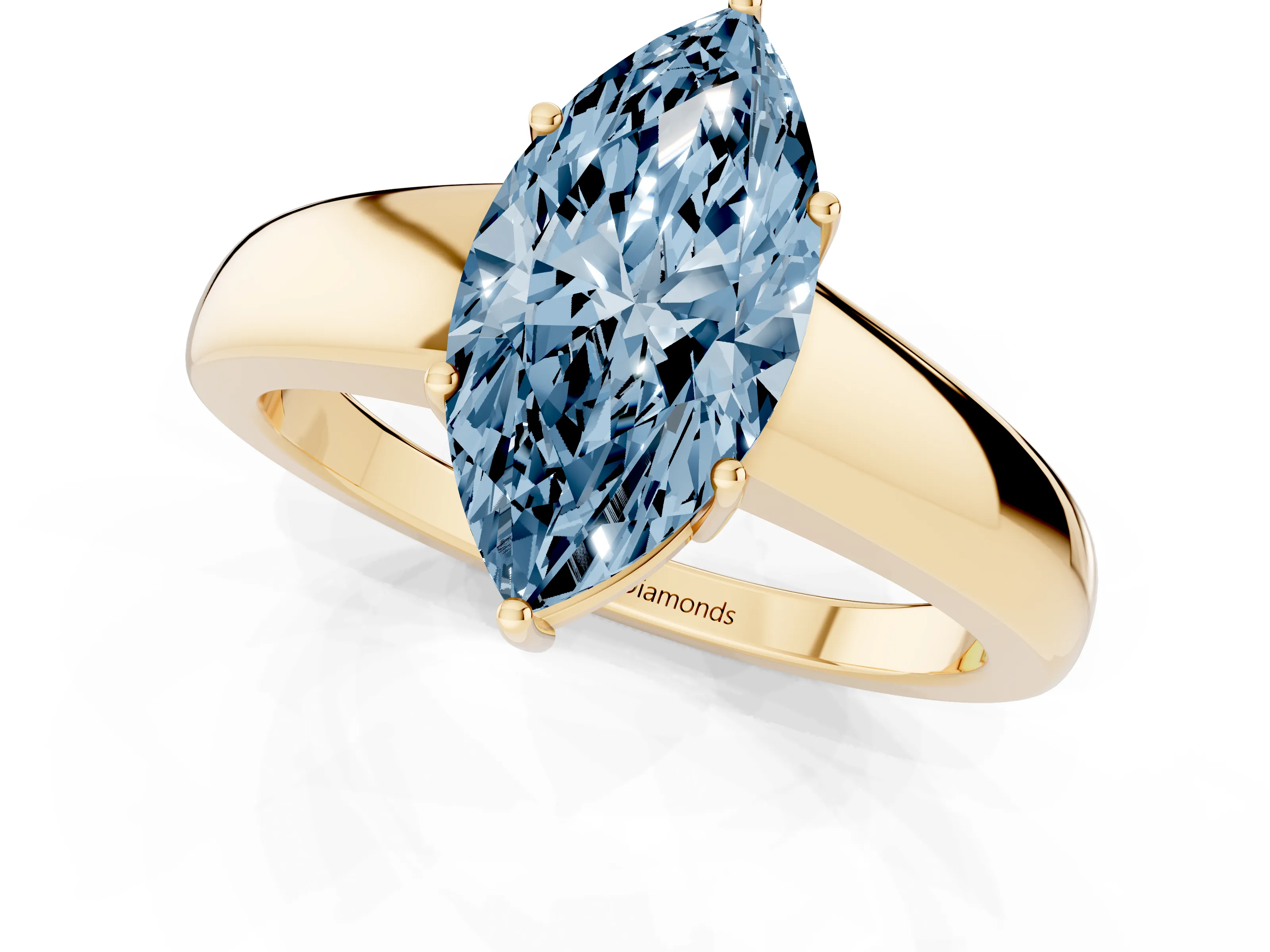 Fancy Blue Marquise Cut Diamond Solitaire Ring Set in Yellow gold with Tapered Band and Prong Setting