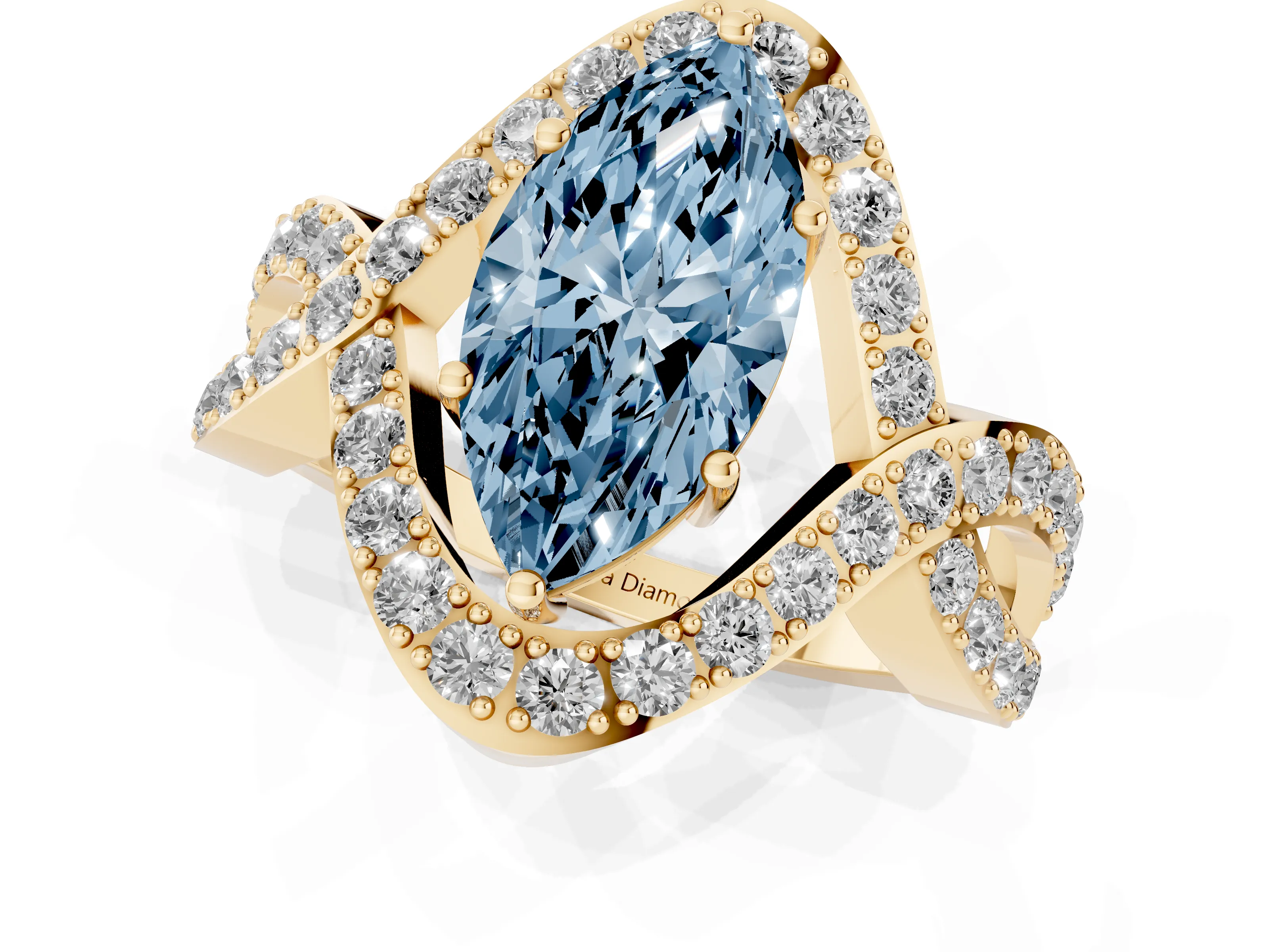 Fancy Blue Marquise Cut Diamond Solitaire Twist Band Pavé Engagement Ring Set in Yellow gold