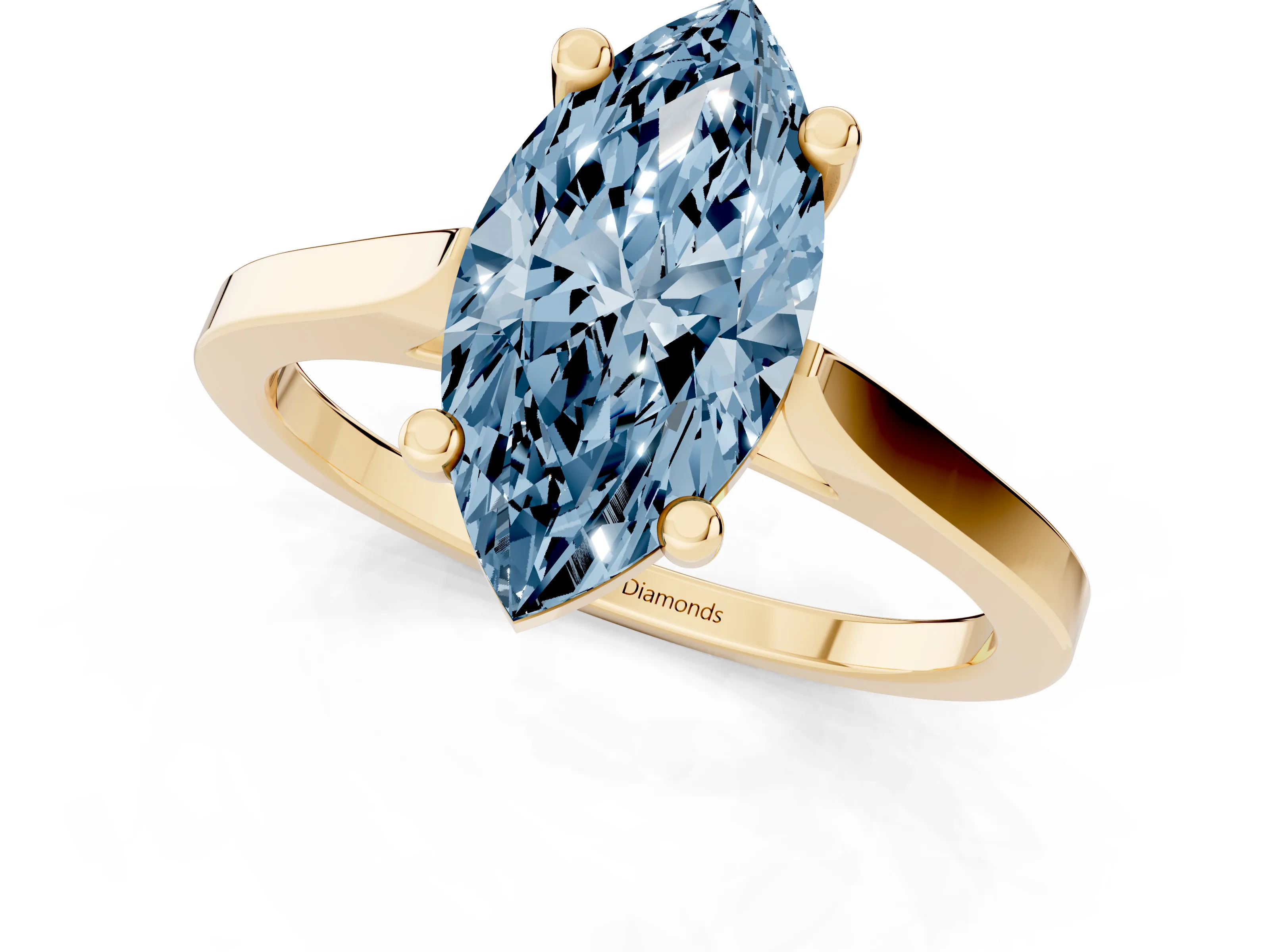 Fancy Blue Marquise Cut Diamond Solitaire Ring Set in Yellow gold with Prong Setting and Tapered Band