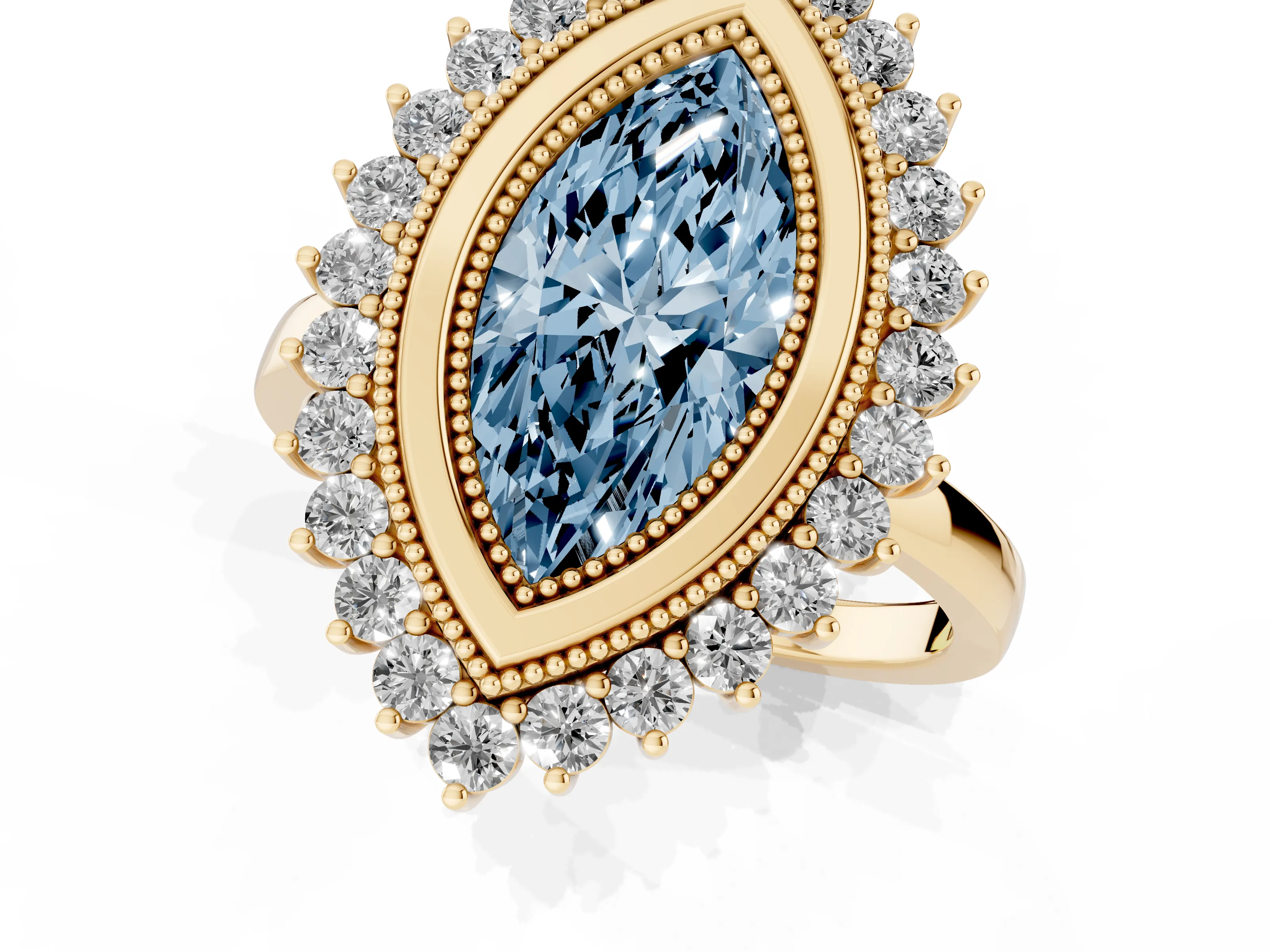 Fancy Blue Marquise Cut Diamond Halo Ring Set in Yellow gold with Milgrain Edge and Round Prong Setting