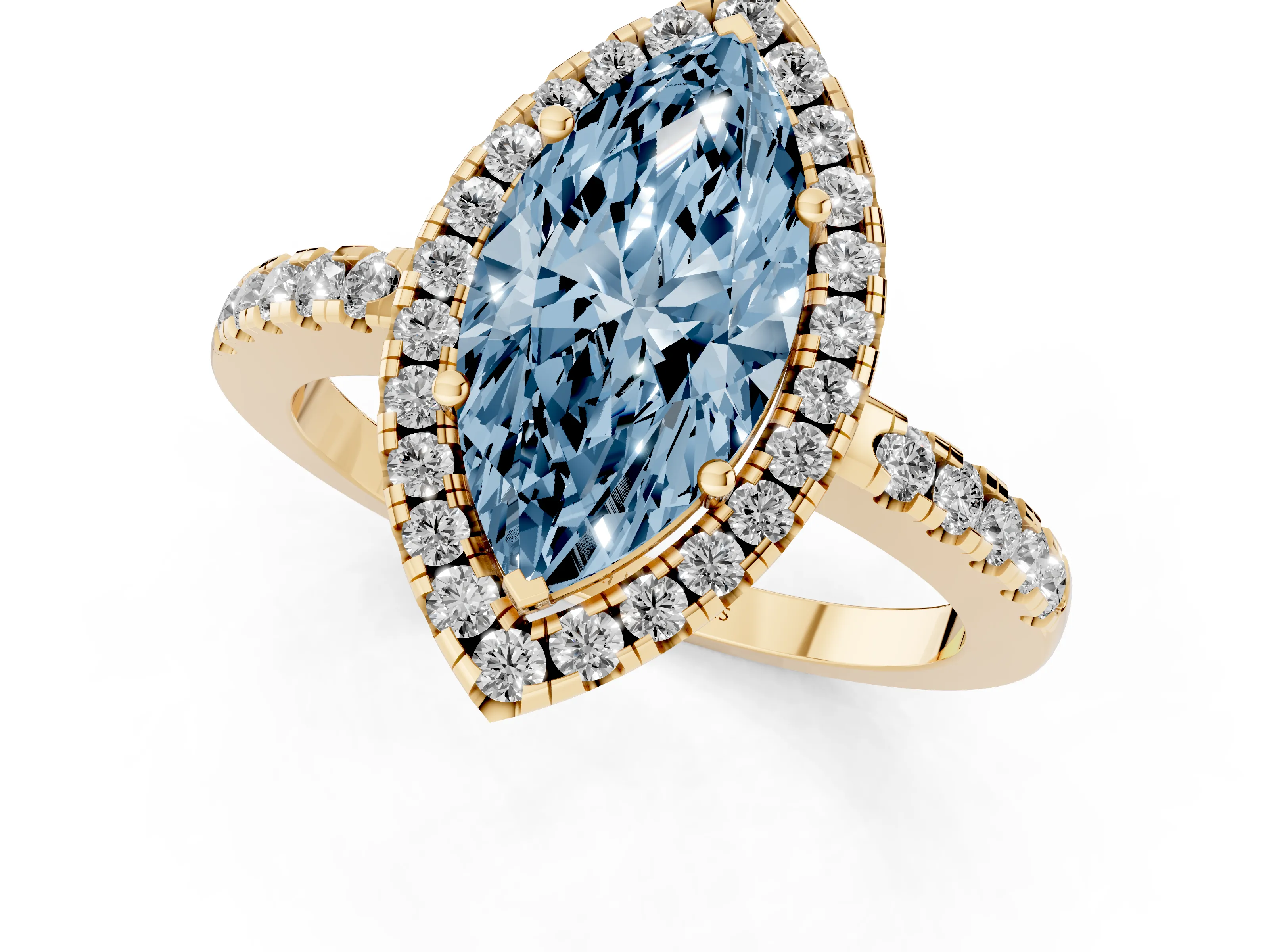 Fancy Blue Marquise Cut Diamond Pavé Band Halo Engagement Ring Set in Yellow gold with Prong Setting