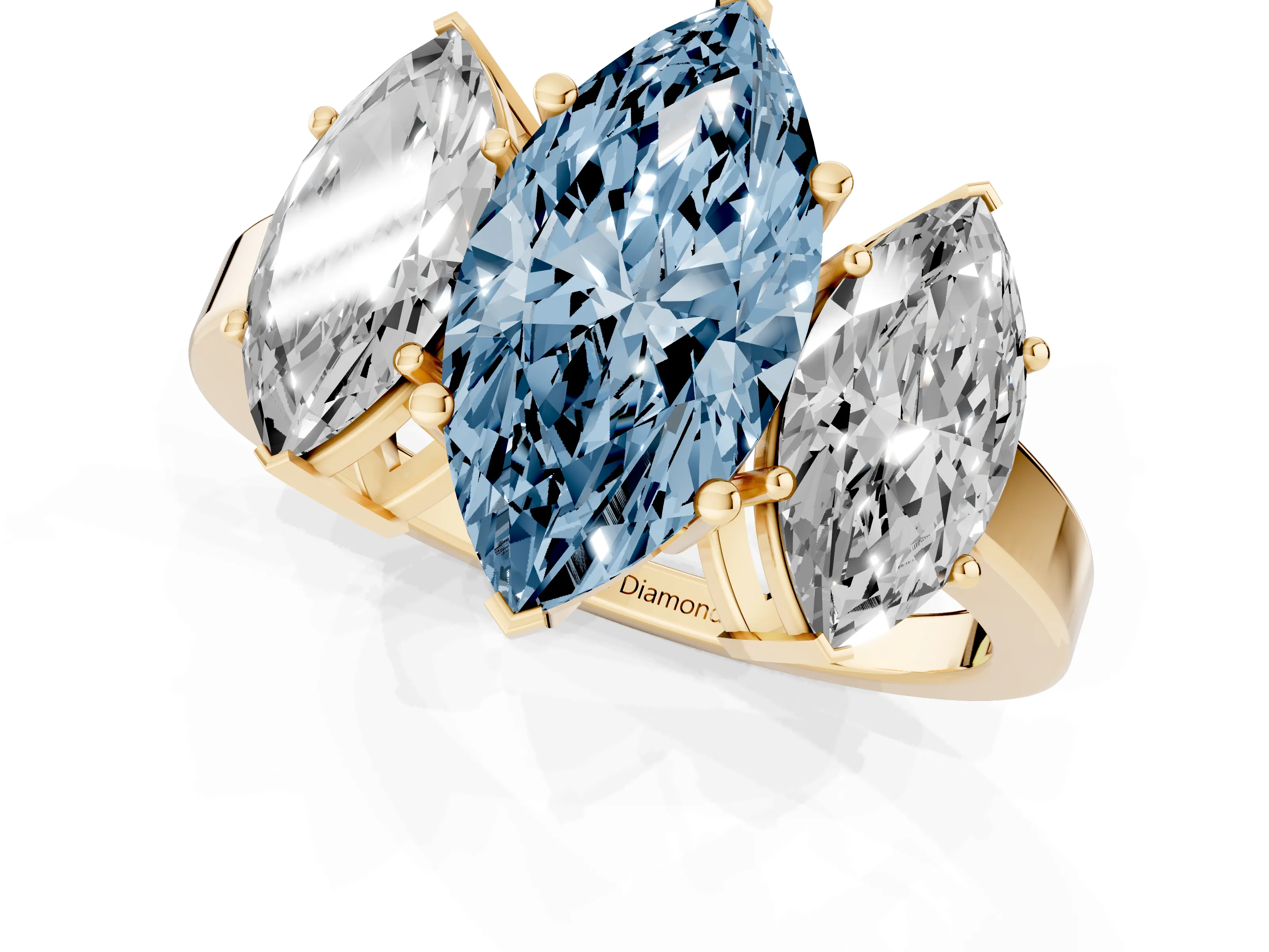 Fancy Blue Marquise Cut Diamond Three-Stone Engagement Ring Set in Yellow gold with Flat Band