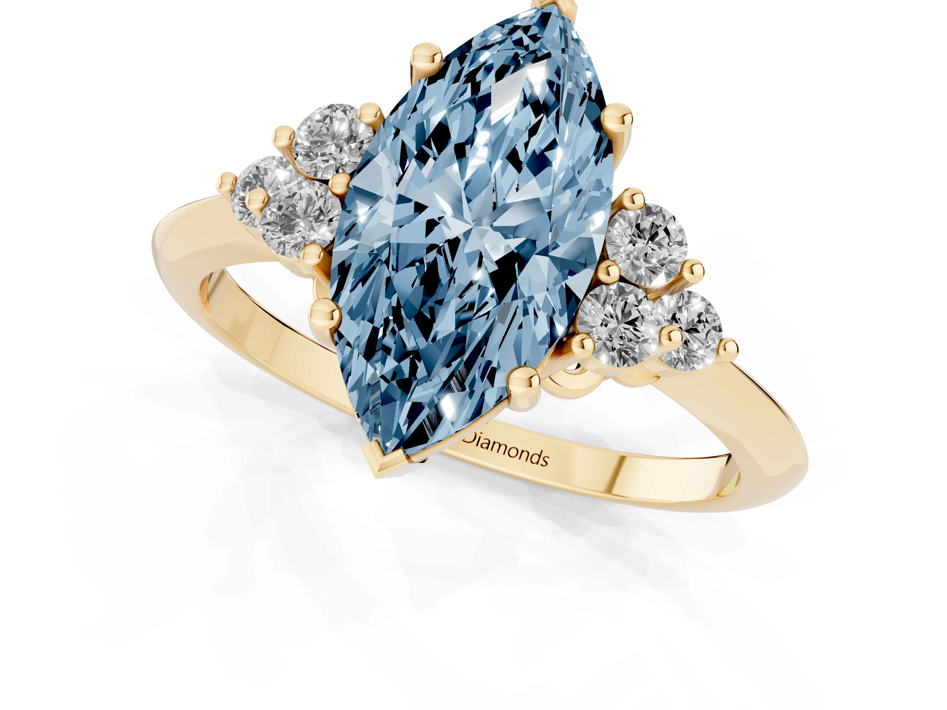 Fancy Blue Marquise Cut Diamond Cluster Ring Set in Yellow gold with Plain Band and Prong Setting