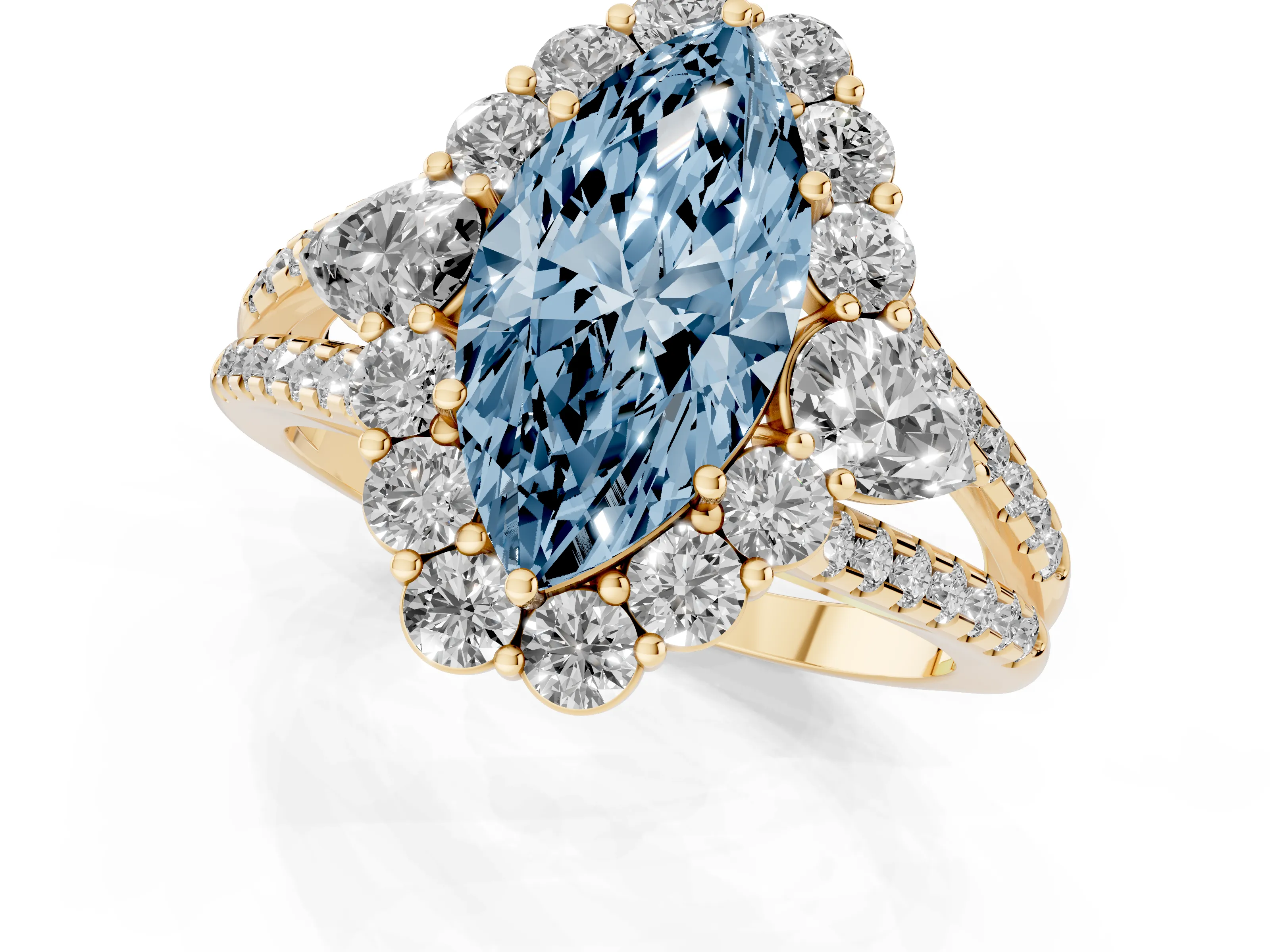 Fancy Blue Marquise Cut Diamond Halo Split Shank Engagement Ring Set in Yellow gold with Prong-Held Center Stone