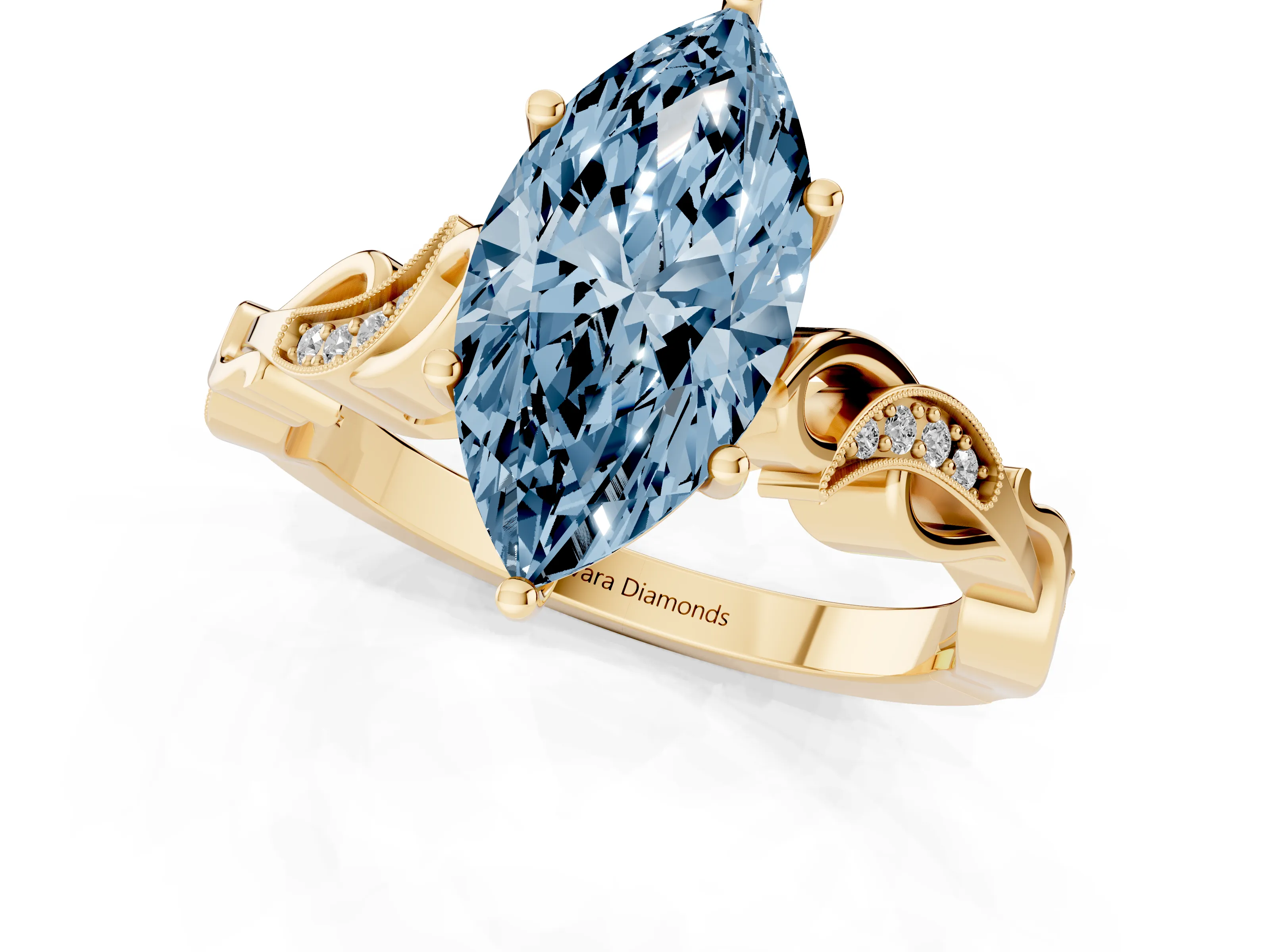 Fancy Blue Marquise Cut Diamond Vine Band Solitaire Ring Set in Yellow gold with Milgrain Prong Setting
