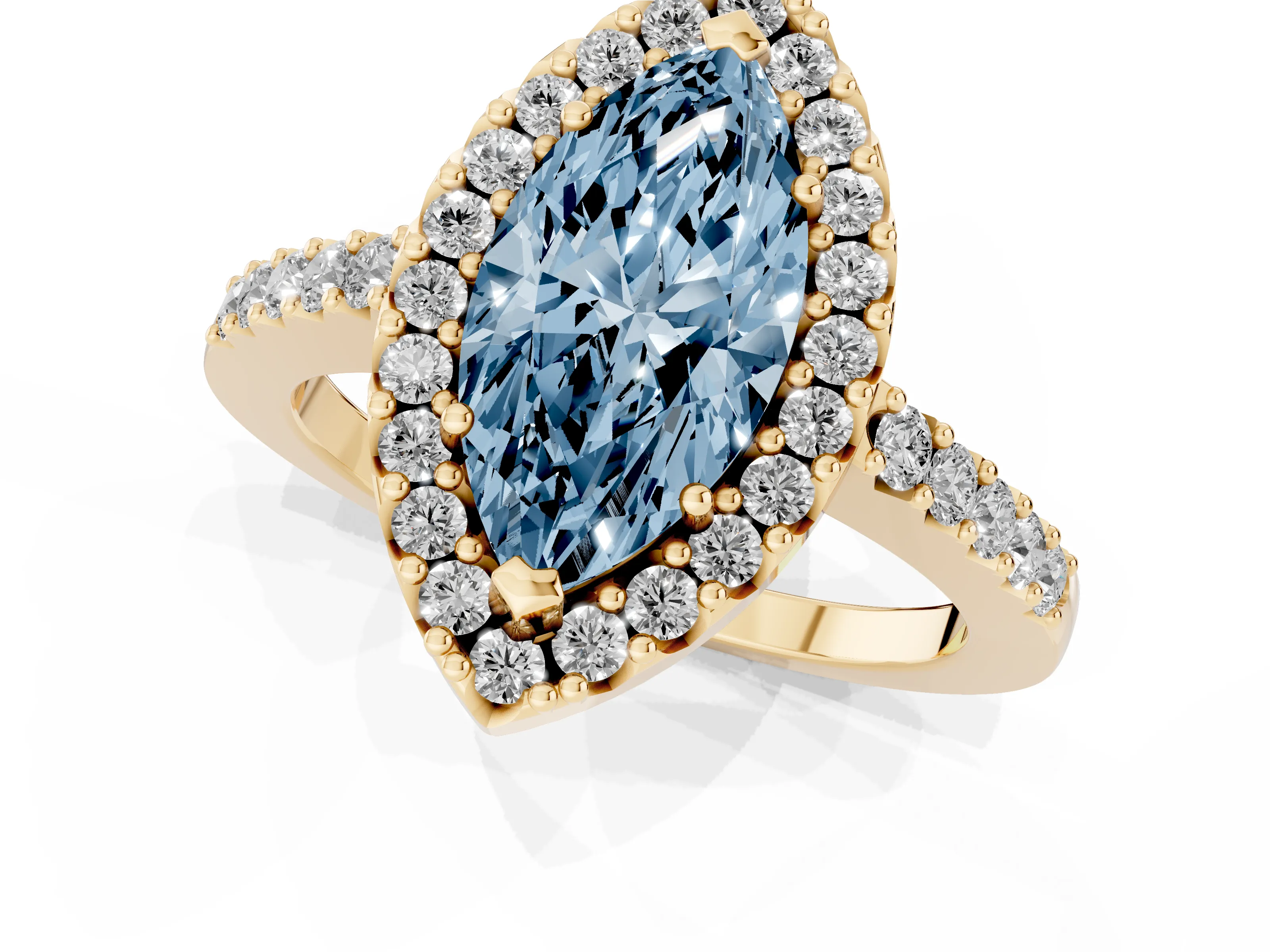 Fancy Blue Marquise Cut Diamond Halo Pavé Solitaire Ring Set in Yellow gold with Prong-Set Center Stone