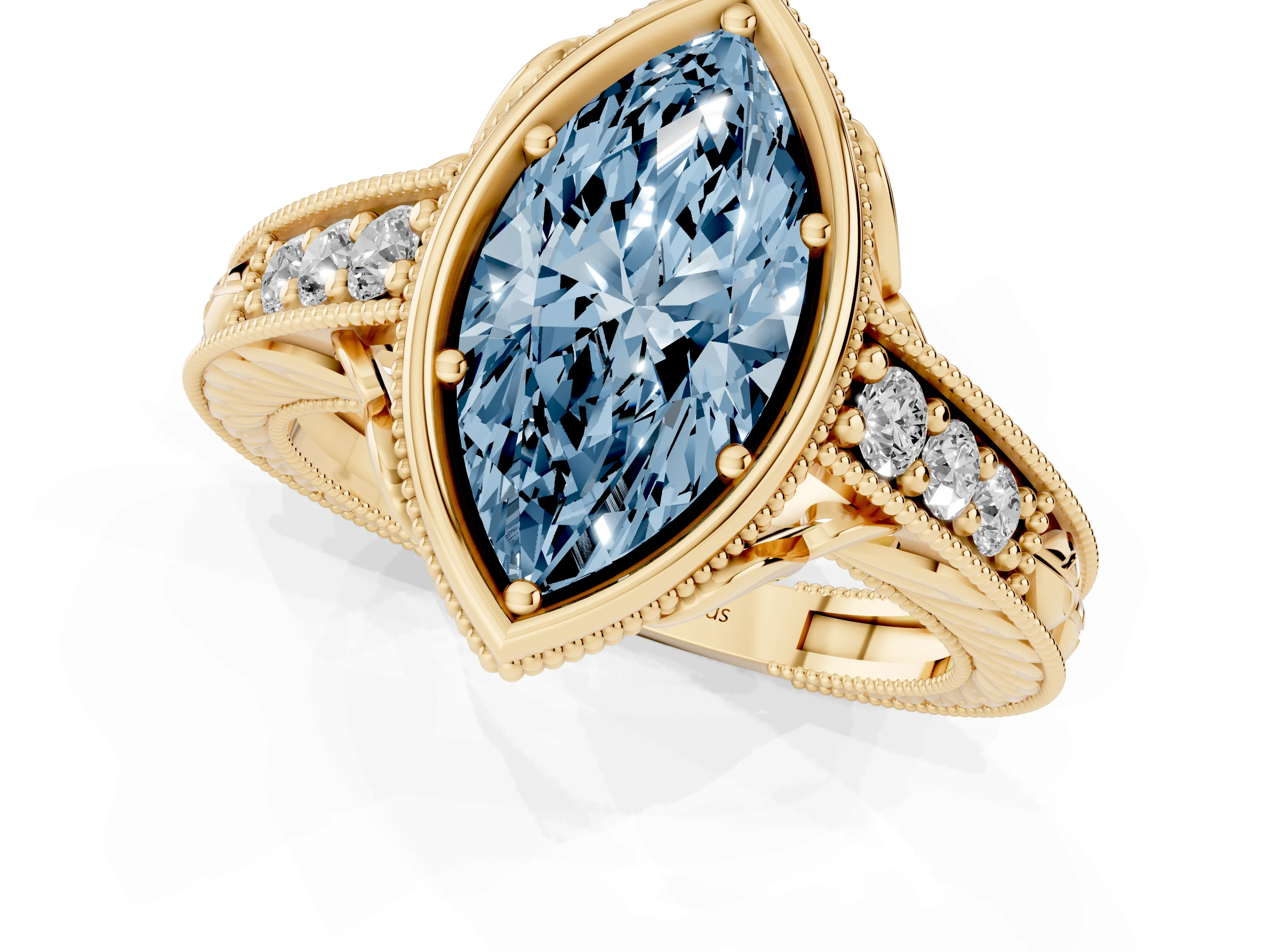 Fancy Blue Bezel Set Marquise Cut Diamond Milgrain Pavé Engagement Ring Set in Yellow gold