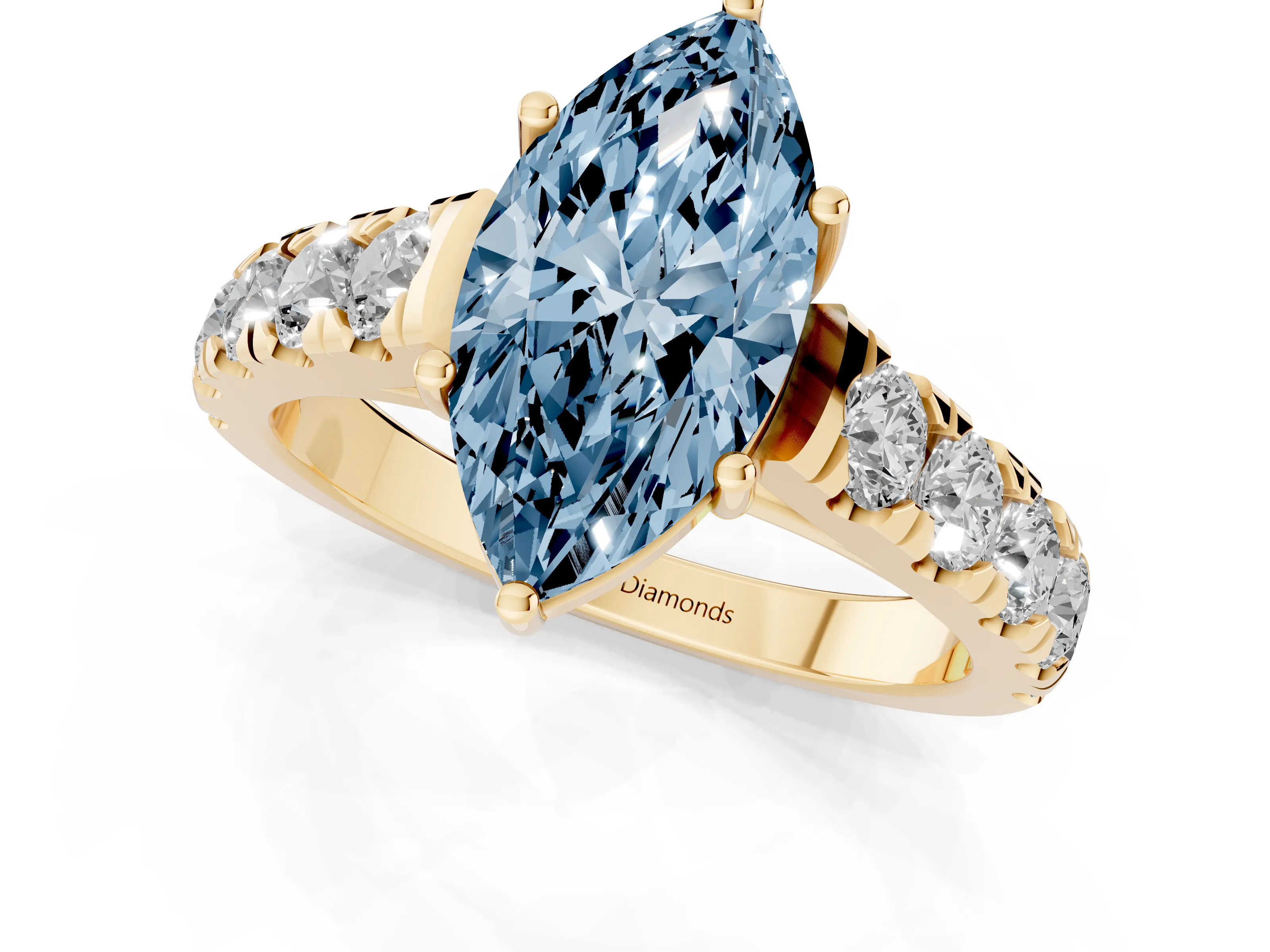 Fancy Blue Marquise Cut Diamond Solitaire Ring Set in Yellow gold with Cut-Down Micro Pavé Band and Prong Setting