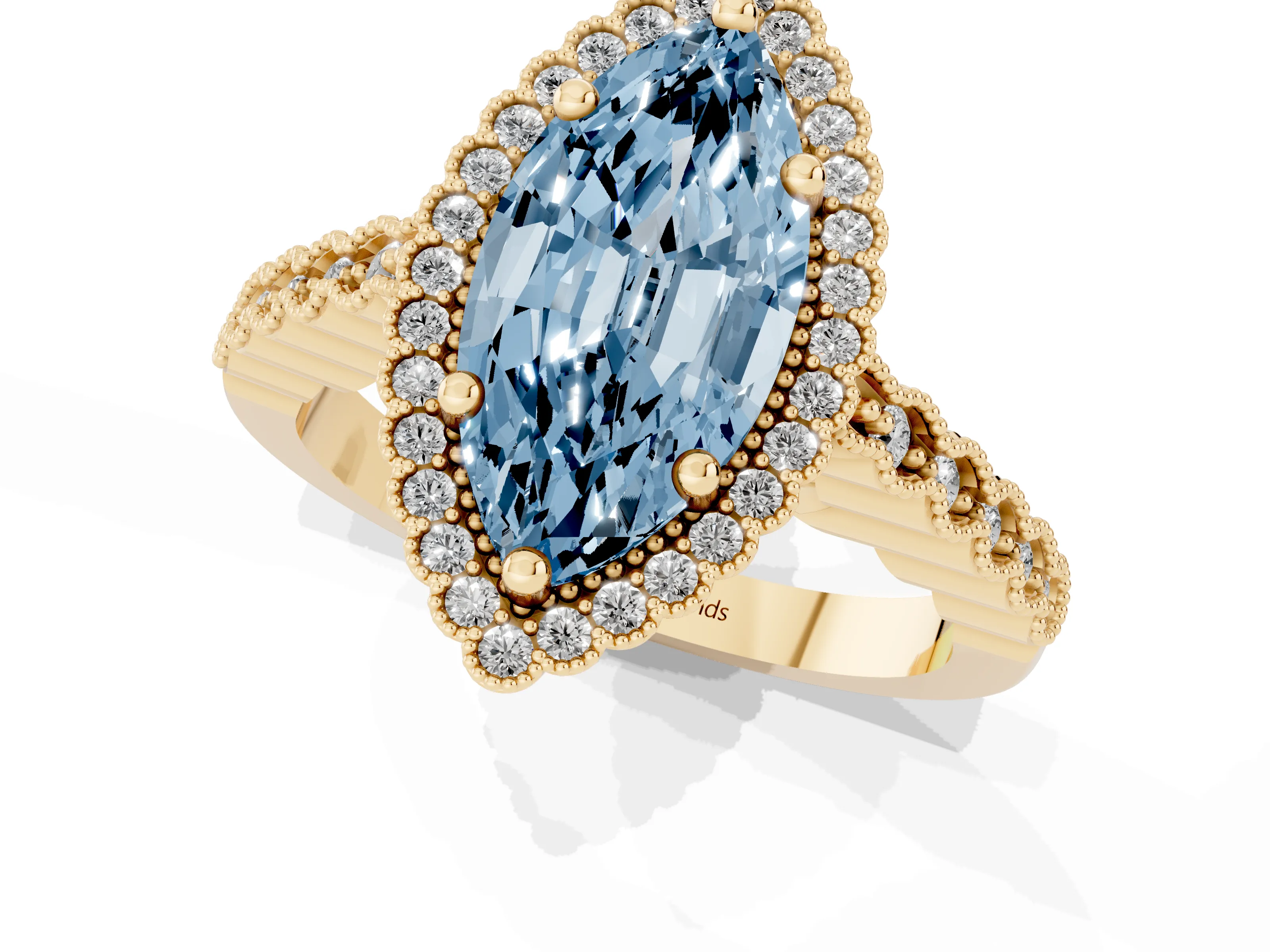 Fancy Blue Marquise Cut Diamond Halo Ring Set in Yellow gold with Pavé Milgrain Band