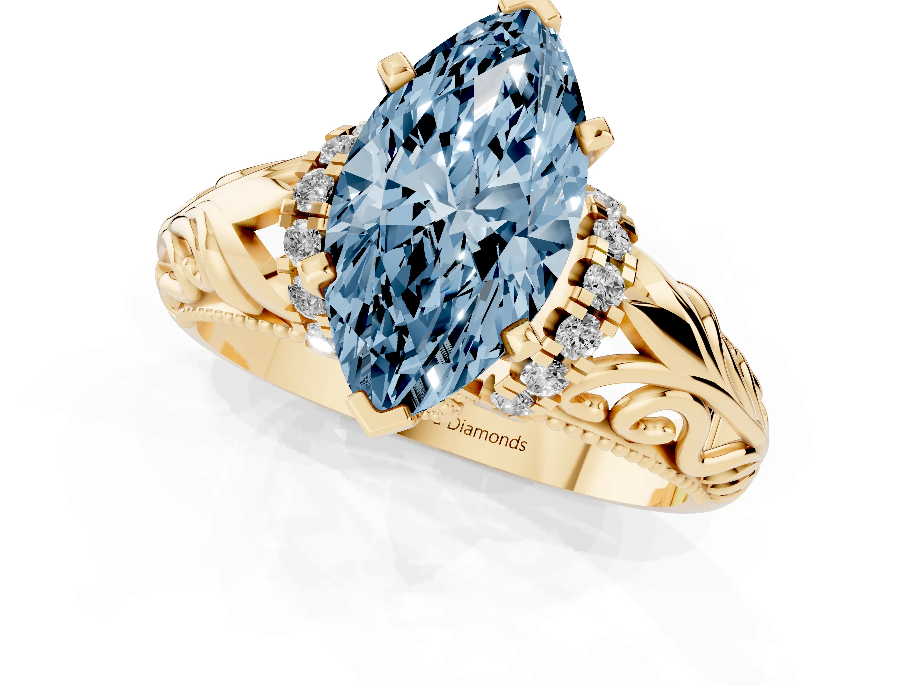 Fancy Blue Marquise Cut Diamond Filigree Halo Engagement Ring Set in Yellow gold with Prong Setting