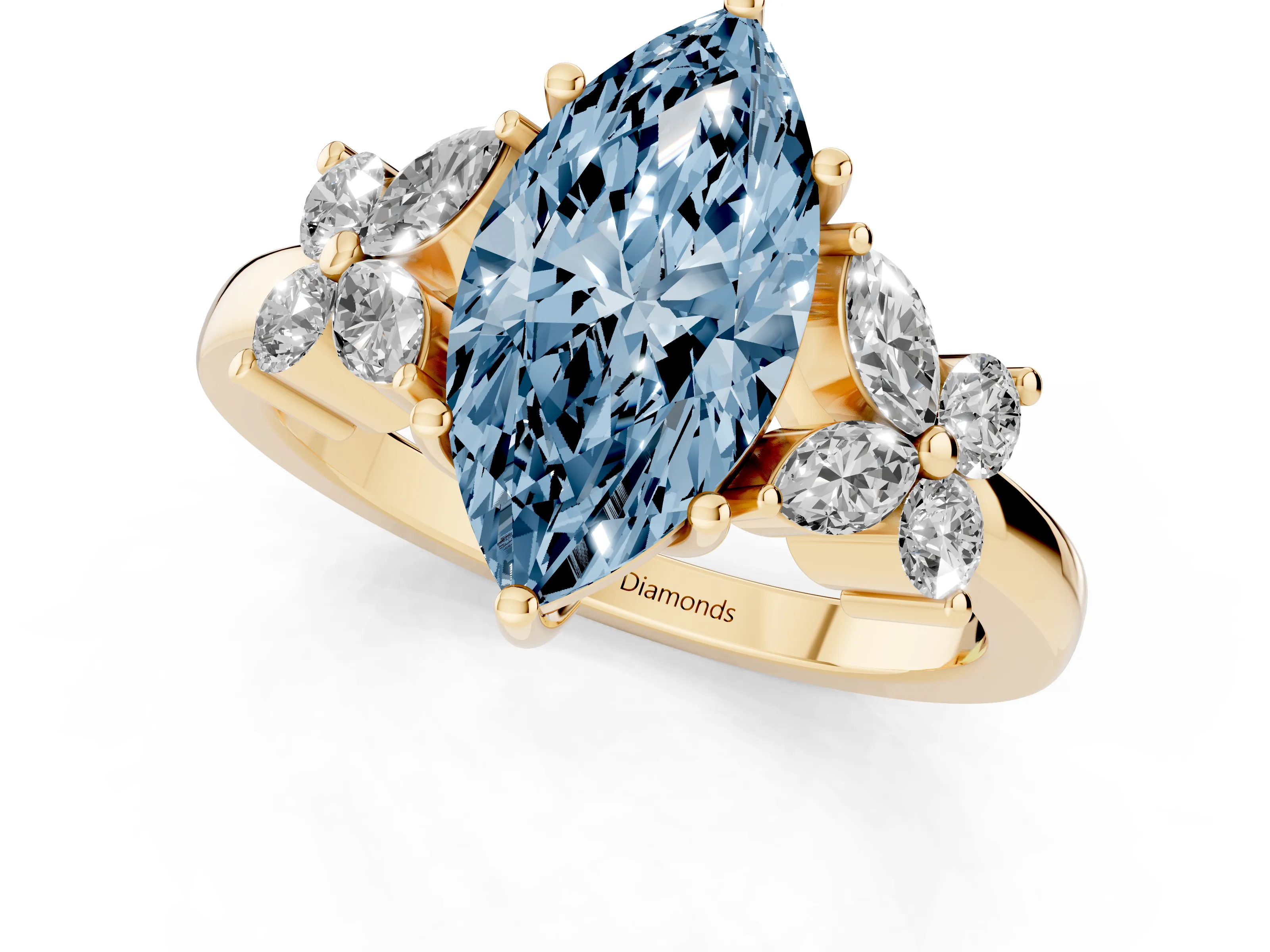 Fancy Blue Marquise Cut Diamond Floral Cluster Ring Set in Yellow gold with Marquise Petals and Prong Setting