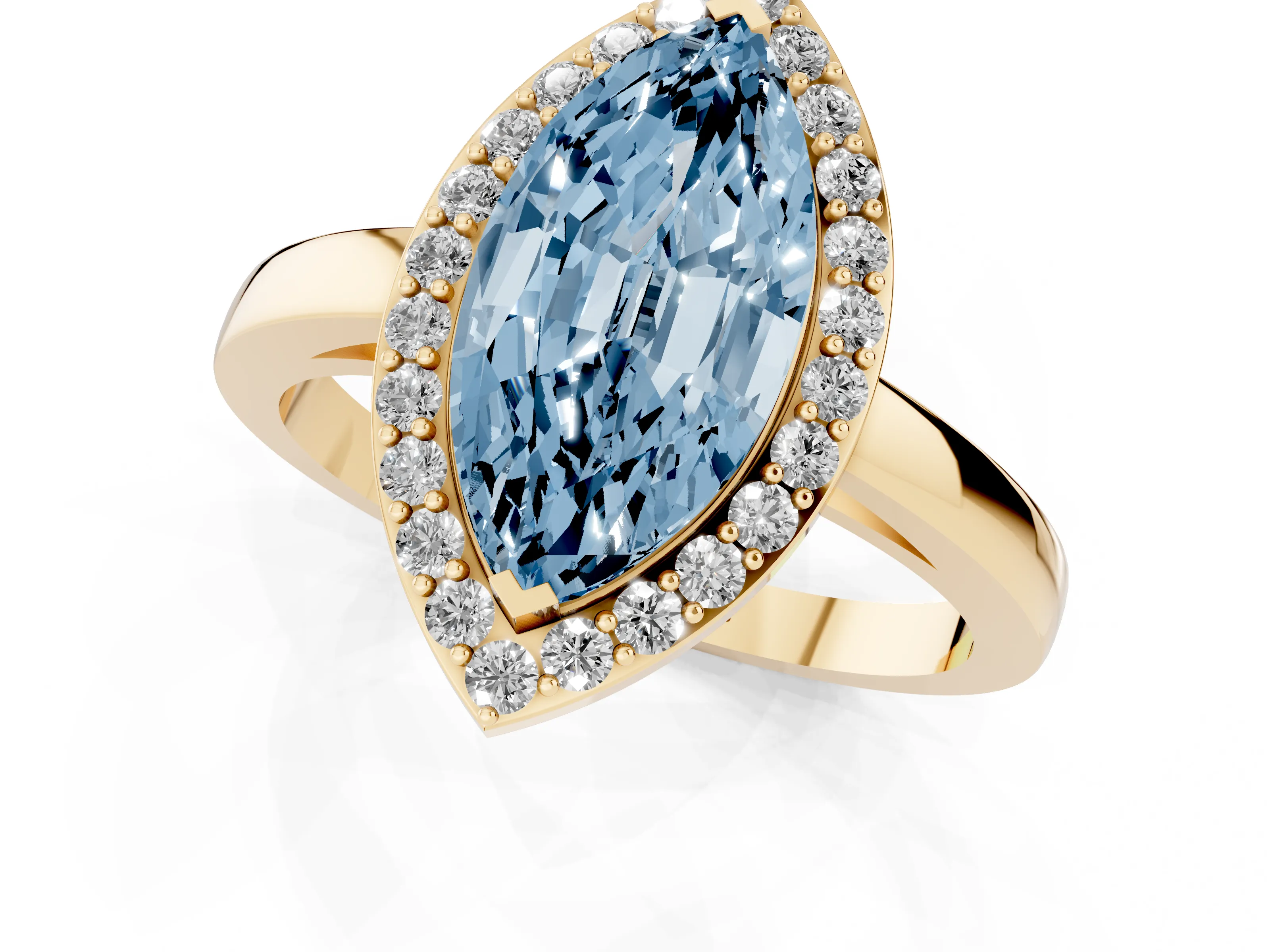 Fancy Blue Marquise Cut Diamond Halo Ring Set in Yellow gold with Solitaire Band and Prong Setting