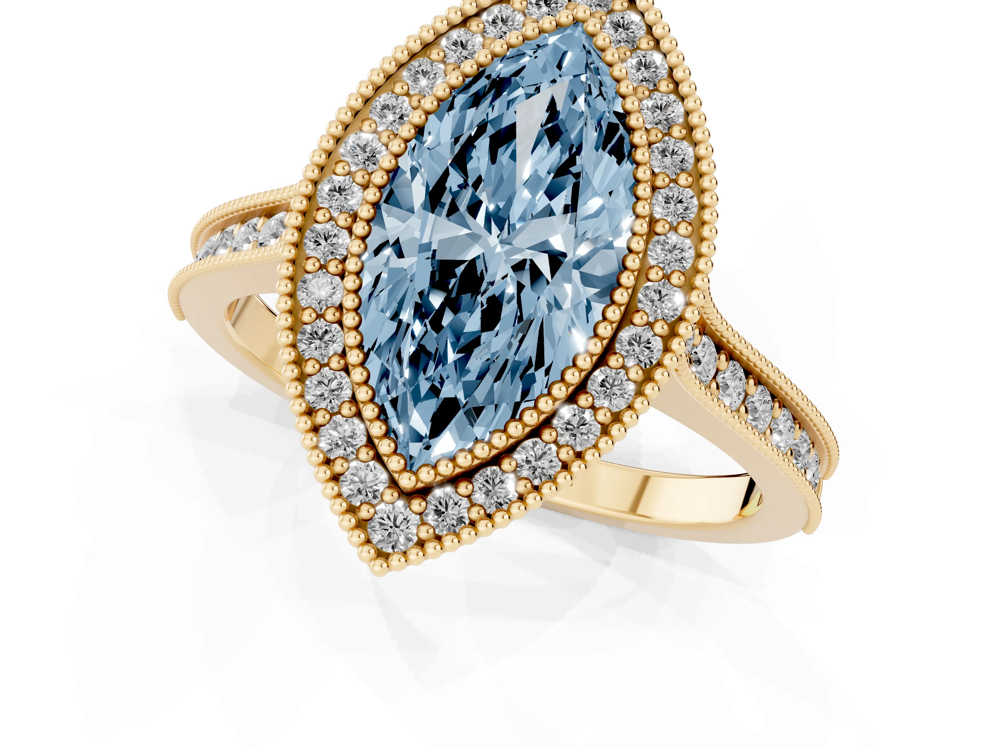 Fancy Blue Marquise Cut Diamond Halo Milgrain Pavé Band Ring Set in Yellow gold with Prong Setting
