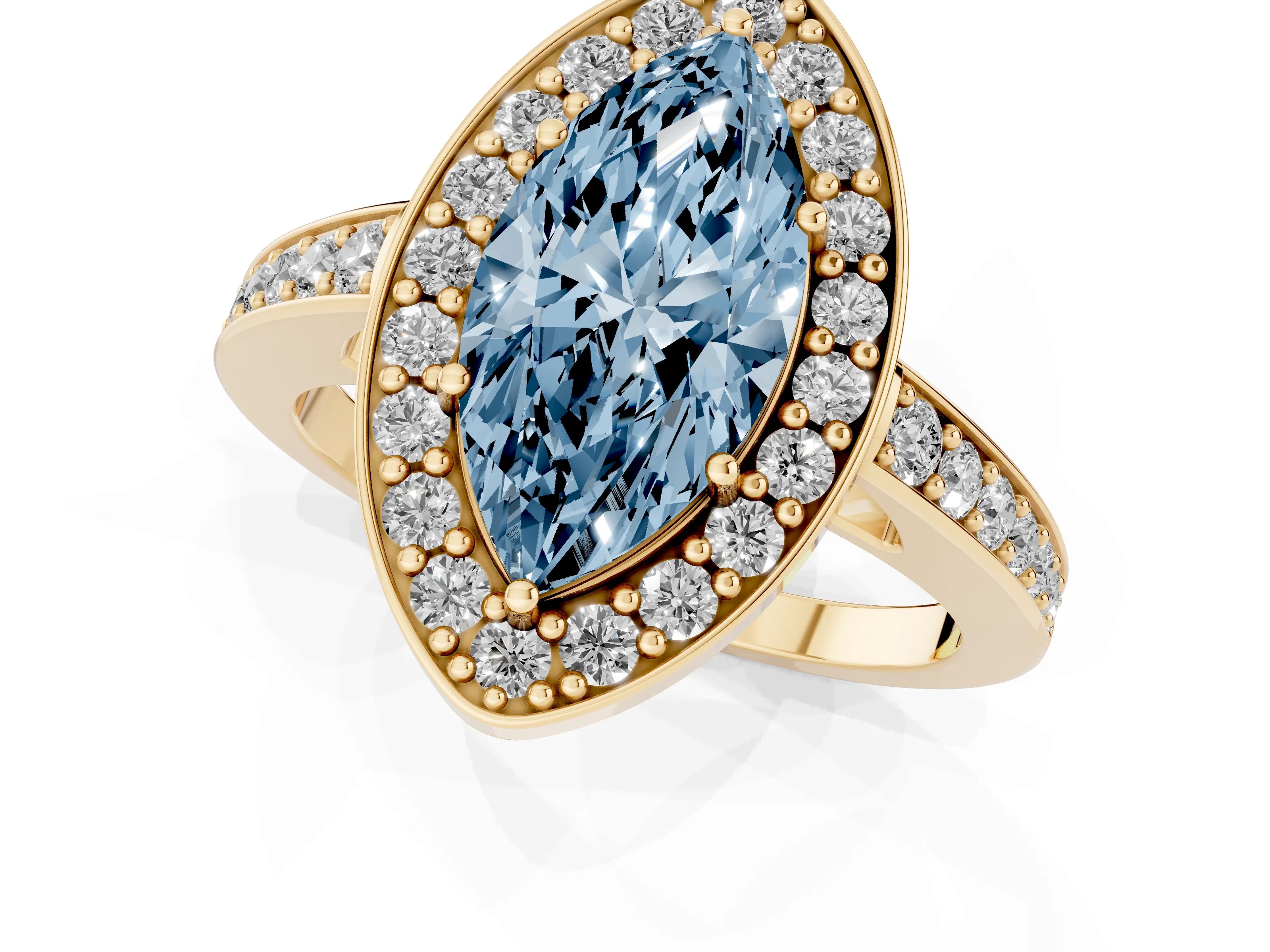 Fancy Blue Marquise Cut Diamond Halo Pavé Engagement Ring Set in Yellow gold with Bezel Setting