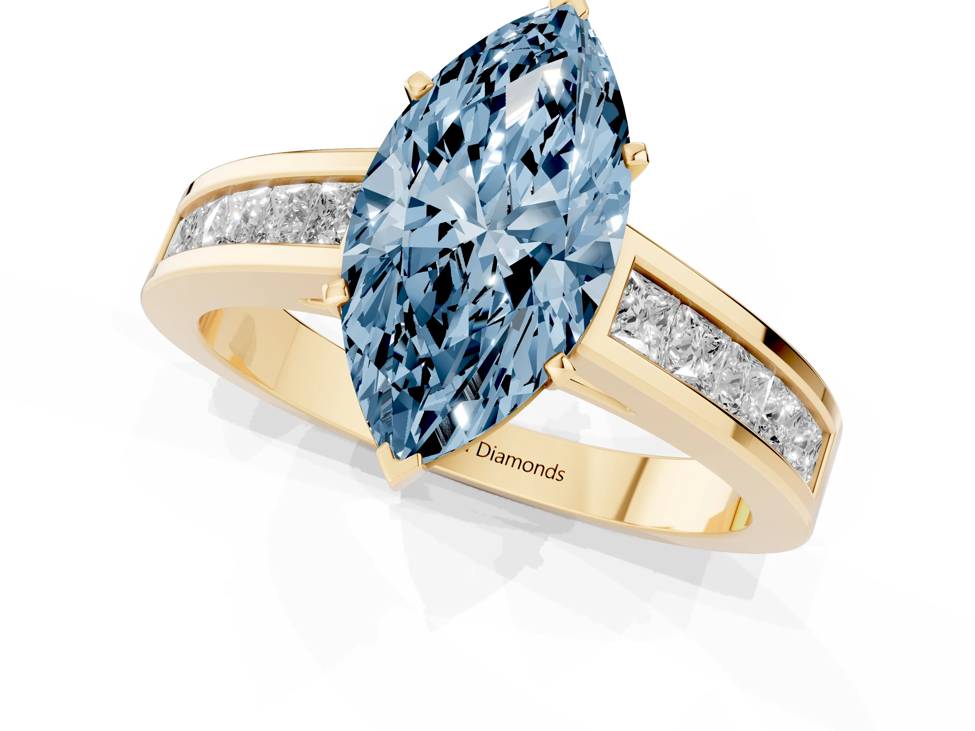 Fancy Blue Marquise Cut Diamond Solitaire Ring Set in Yellow gold with Channel-Set Band and Prong Setting