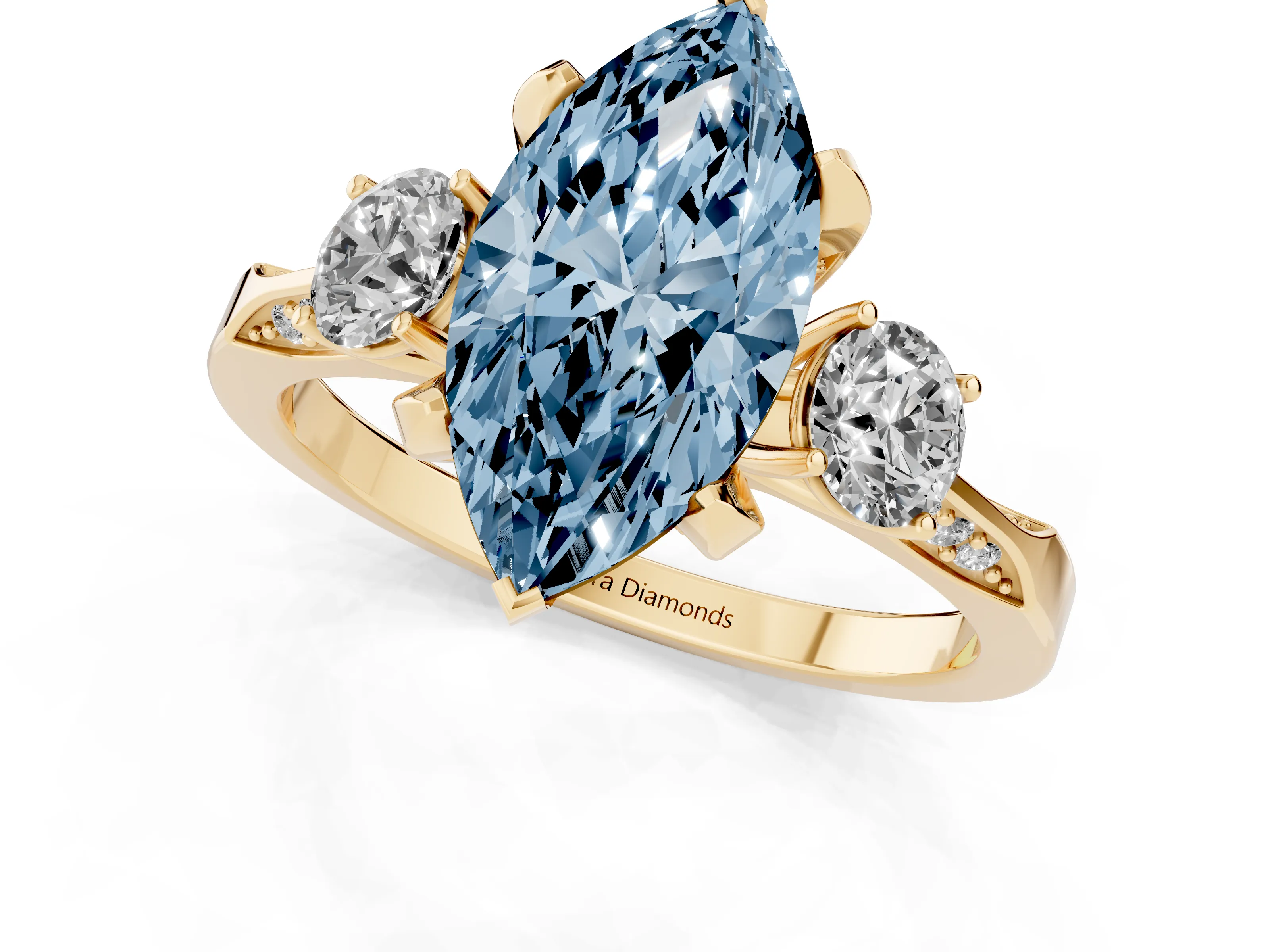 Fancy Blue Marquise Cut Diamond Three-Stone Ring Set in Yellow gold with Pavé Band and Smaller Side Stones